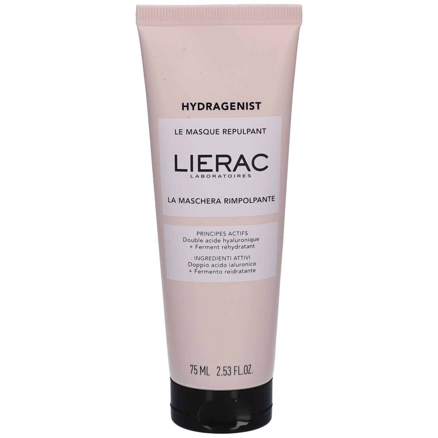 Rosa Tube mit schwarzem Deckel. Schriftzug: Hydragenist, Lierac Laboratoires. Text: Le Masque Repulpant, La Maschera Rimpolpante.