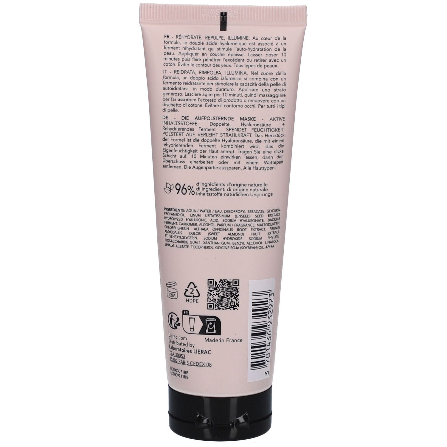 Rückseite der Tube. Text: Aufpolsternde Maske, Inhaltsstoffe, 96% Inhaltsstoffe natürlichen Ursprungs. Made in France.
