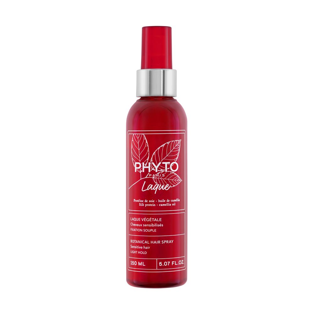 Rote Flasche mit Sprühkopf. Aufschrift: PHYTOLAQUE. Botanisches Haarspray. 150 ml.