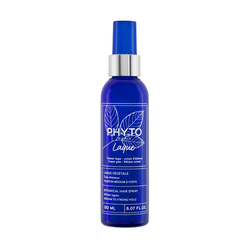 Blauwe Flasche mit Sprühkopf. Aufschrift: PHYTO Laque, botanisches Haarspray. Für alle Haartypen. Mittlerer bis starker Halt.