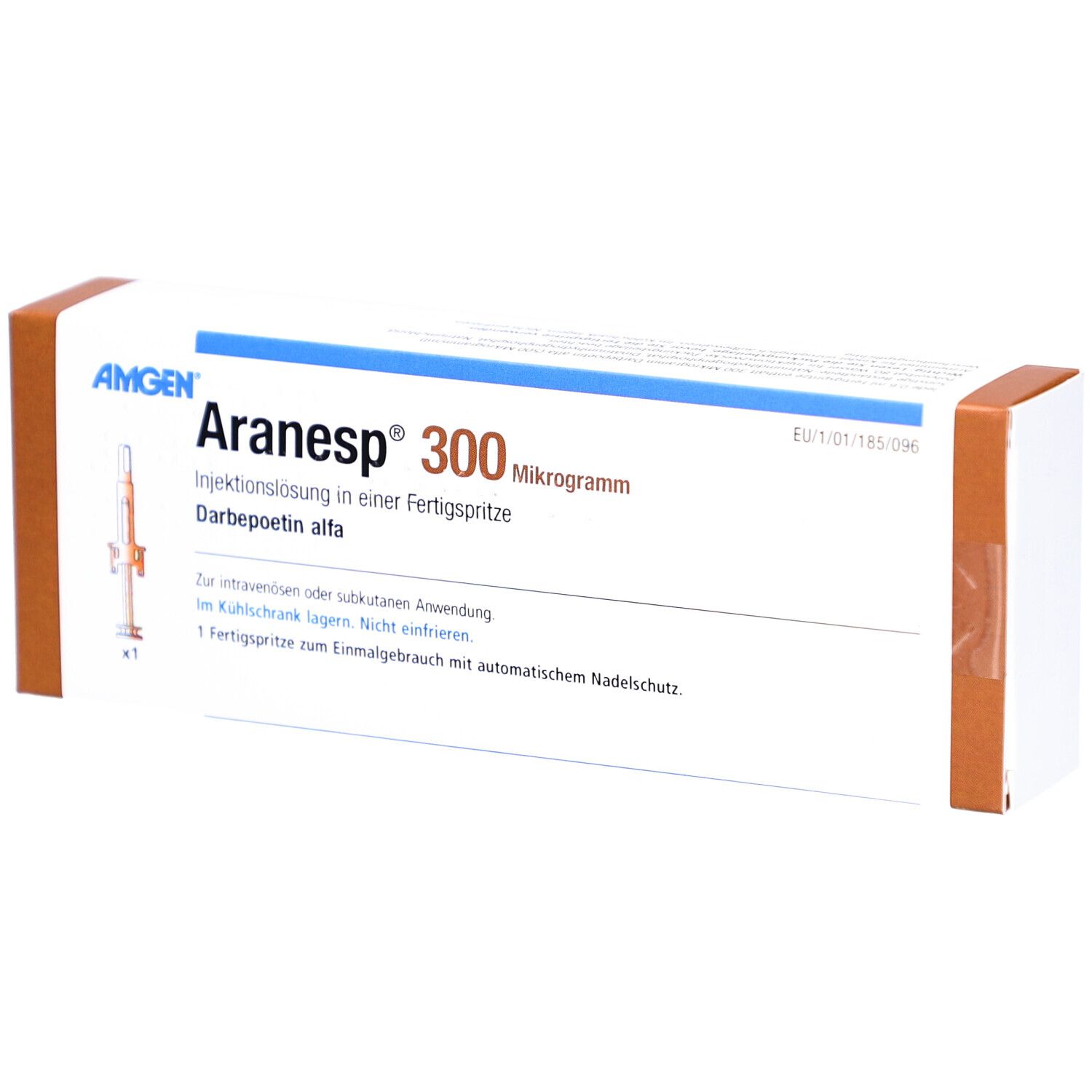 Aranesp 300 Mikrogramm Fertigspritze in Verpackung. Braune und weiße Schachtel mit Produktinformationen und Amgen Logo.
