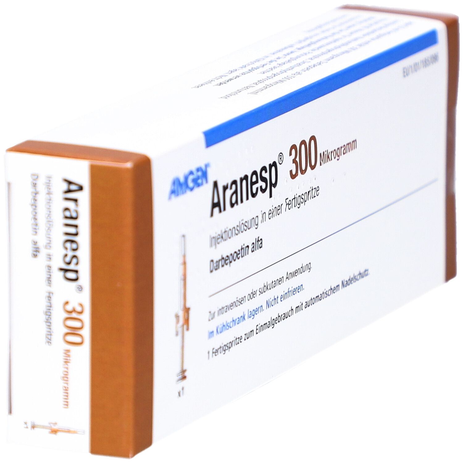 Aranesp 300 Mikrogramm Verpackung. Braune und weiße Schachtel mit Produktinformationen und Amgen Logo. Ansicht schräg.