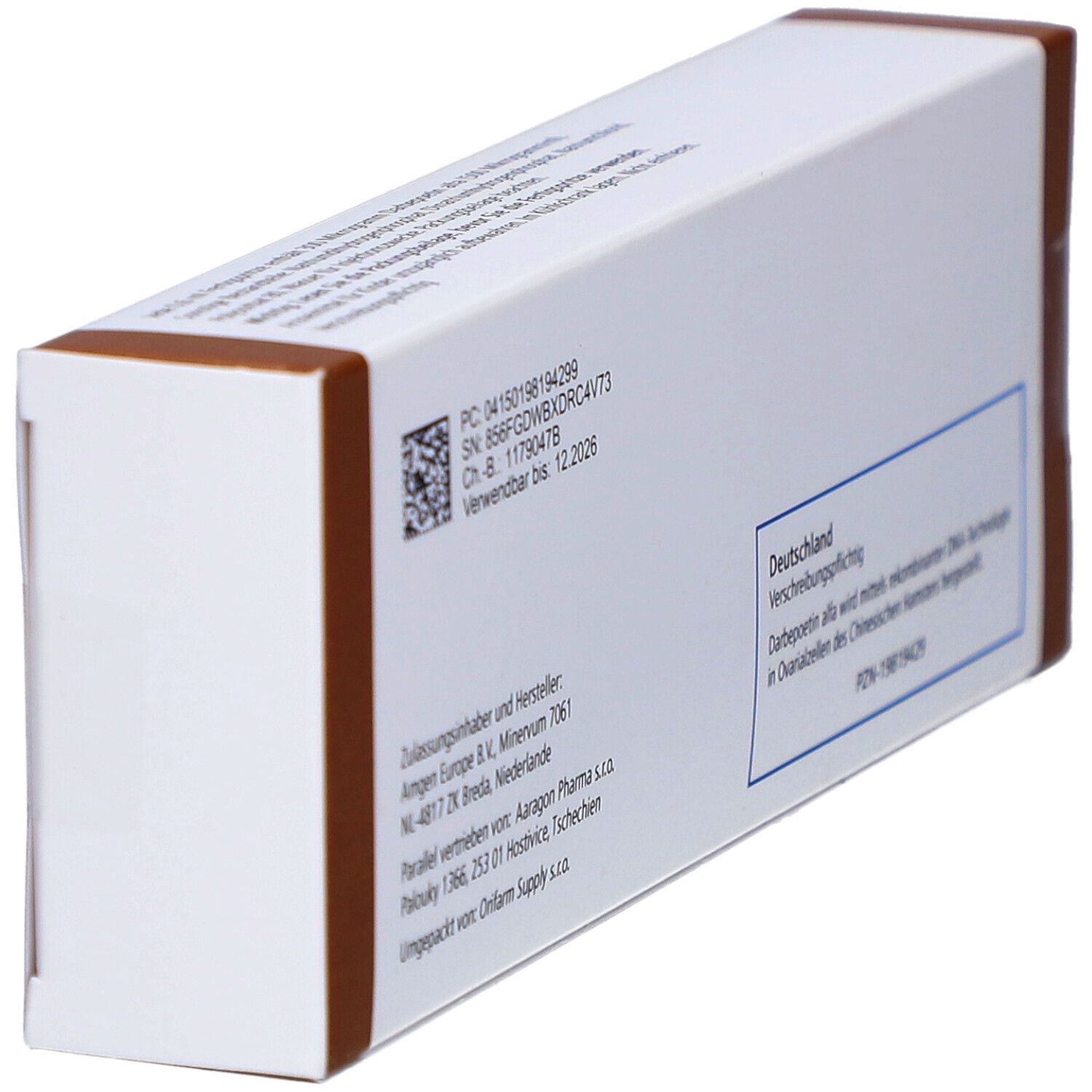 Schräge Ansicht der Aranesp 300 Mikrogramm Verpackung. Textinformationen, Barcode und Herstellerangaben.
