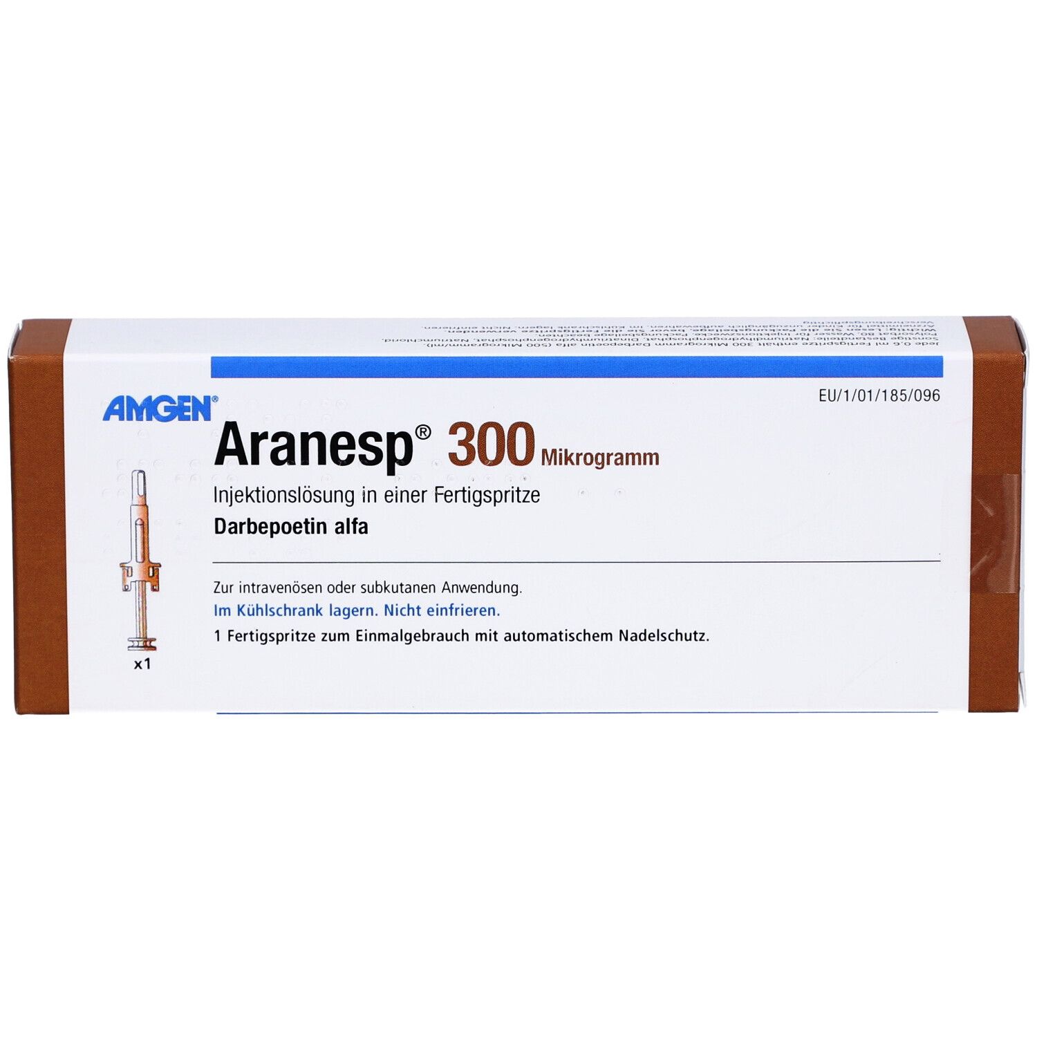 Aranesp 300 Mikrogramm Fertigspritze in Verpackung. Braune und weiße Schachtel mit Produktinformationen und Amgen Logo.