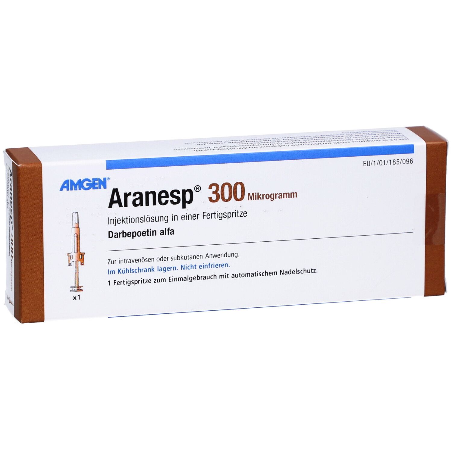 Aranesp 300 Mikrogramm Fertigspritze in Verpackung. Braune und weiße Schachtel mit Produktinformationen und Amgen Logo.
