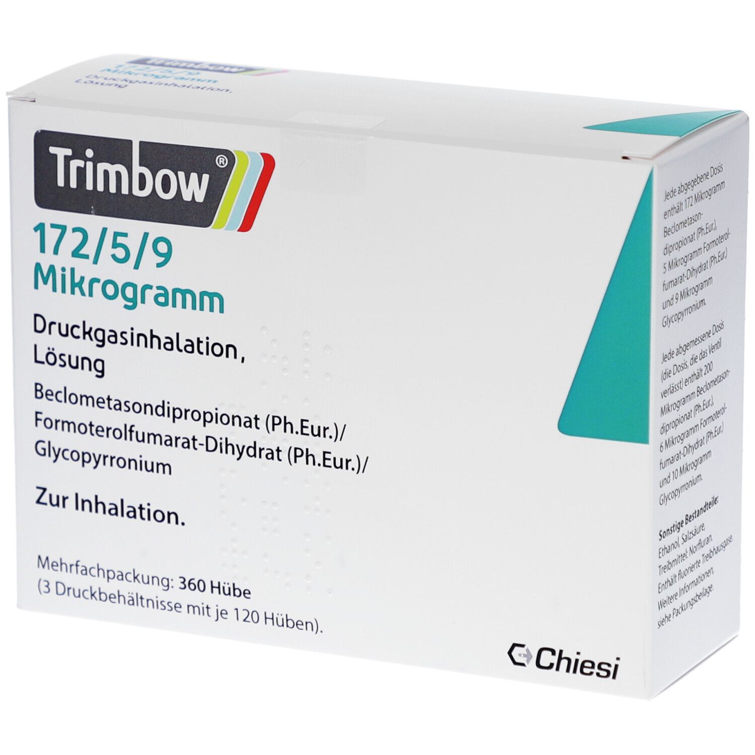 Weiße Verpackung mit Produktinformationen. Aufschrift: Trimbow 172/5/9 Mikrogramm. Druckgasinhalation, Lösung. Chiesi Logo.