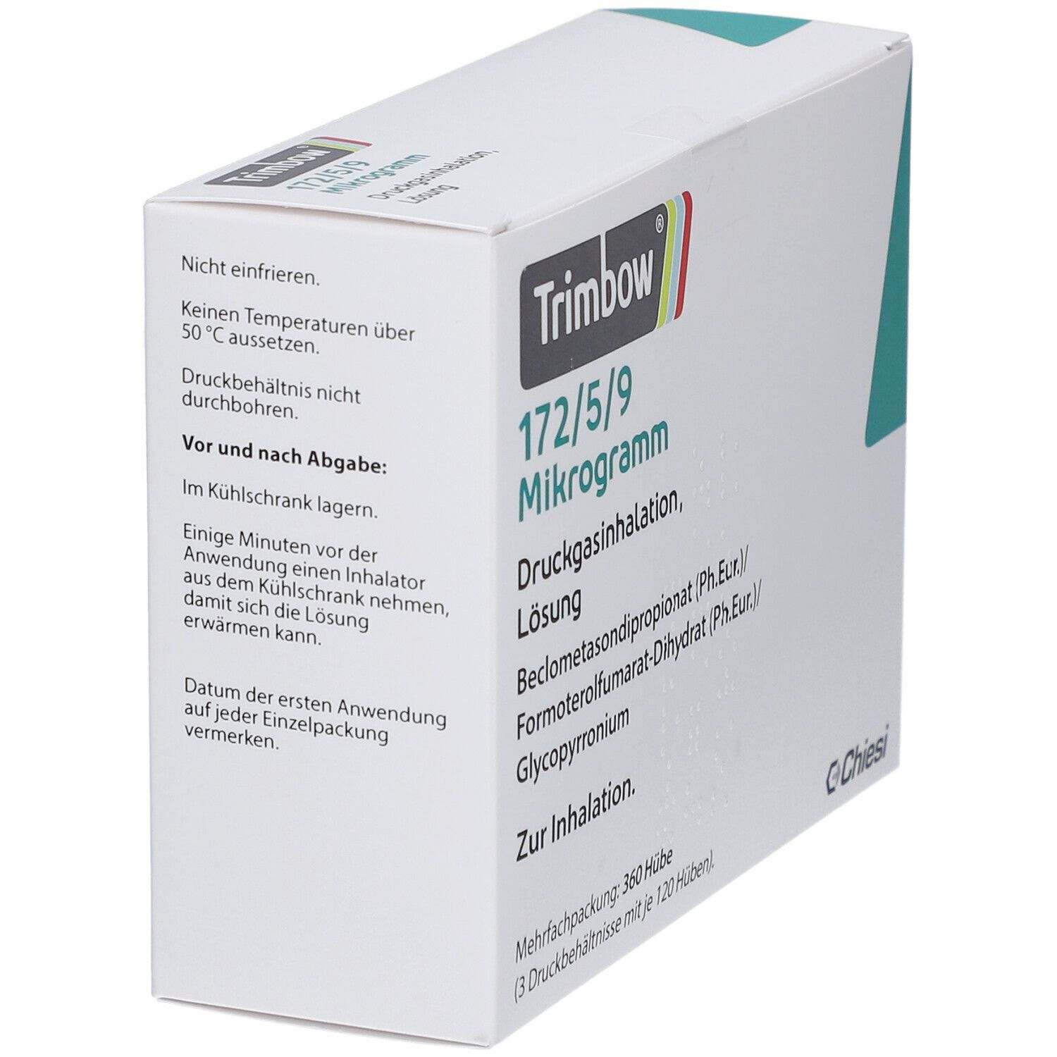 Weiße Verpackung, schräg. Aufschrift: Trimbow 172/5/9 Mikrogramm. Druckgasinhalation, Lösung. Warnhinweise. Chiesi Logo.