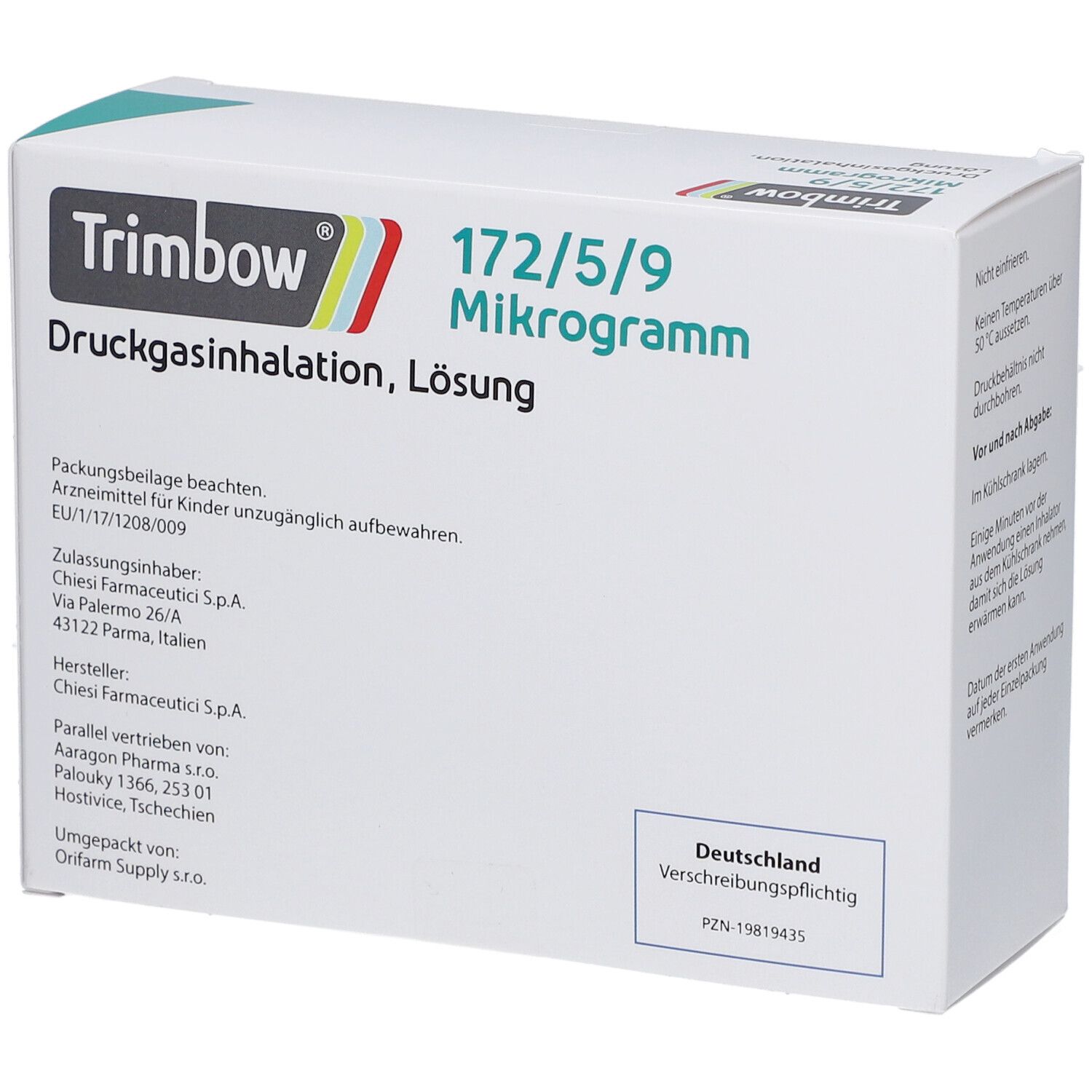 Weiße Verpackung mit Produktinformationen. Aufschrift: Trimbow 172/5/9 Mikrogramm. Druckgasinhalation, Lösung. Herstellerinformationen.