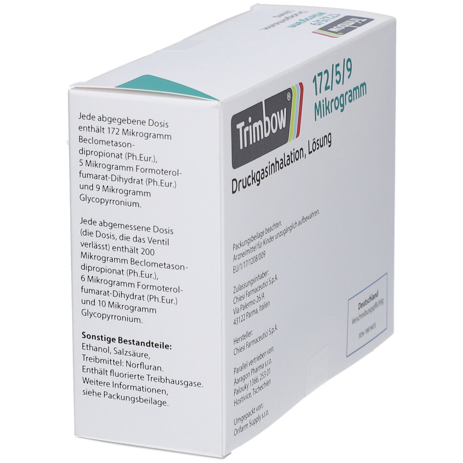 Weiße Verpackung mit Produktinformationen. Aufschrift: Trimbow 172/5/9 Mikrogramm. Druckgasinhalation, Lösung. Dosierungsangaben.