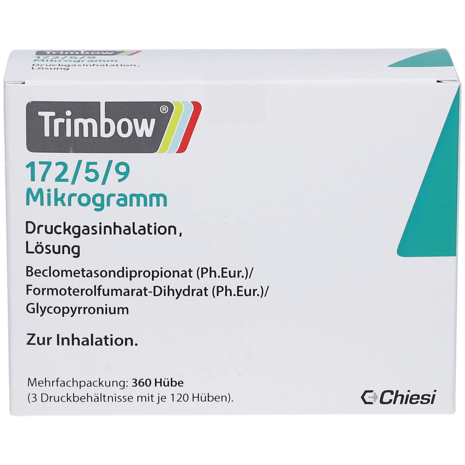 Weiße Verpackung mit Produktinformationen. Aufschrift: Trimbow 172/5/9 Mikrogramm. Druckgasinhalation, Lösung. Chiesi Logo.