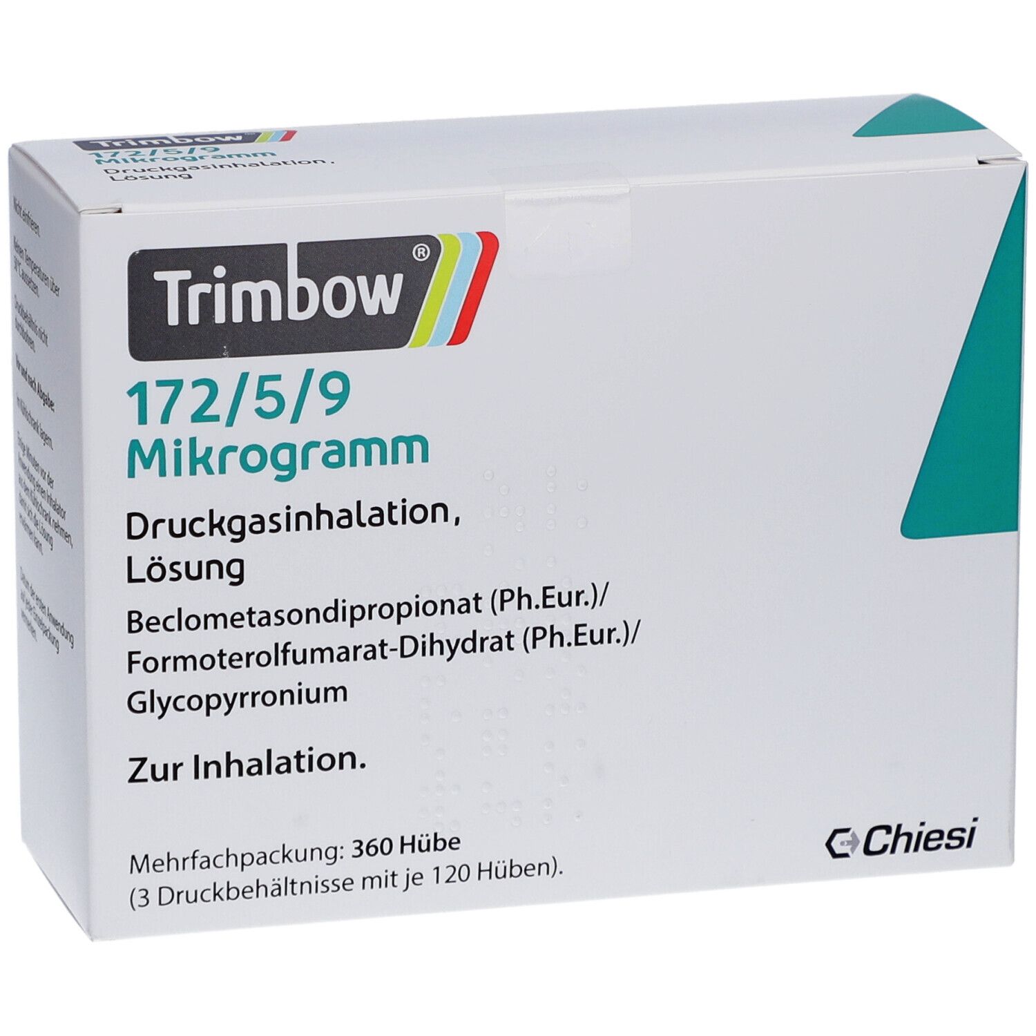 Weiße Verpackung mit Produktinformationen. Aufschrift: Trimbow 172/5/9 Mikrogramm. Druckgasinhalation, Lösung. Chiesi Logo.