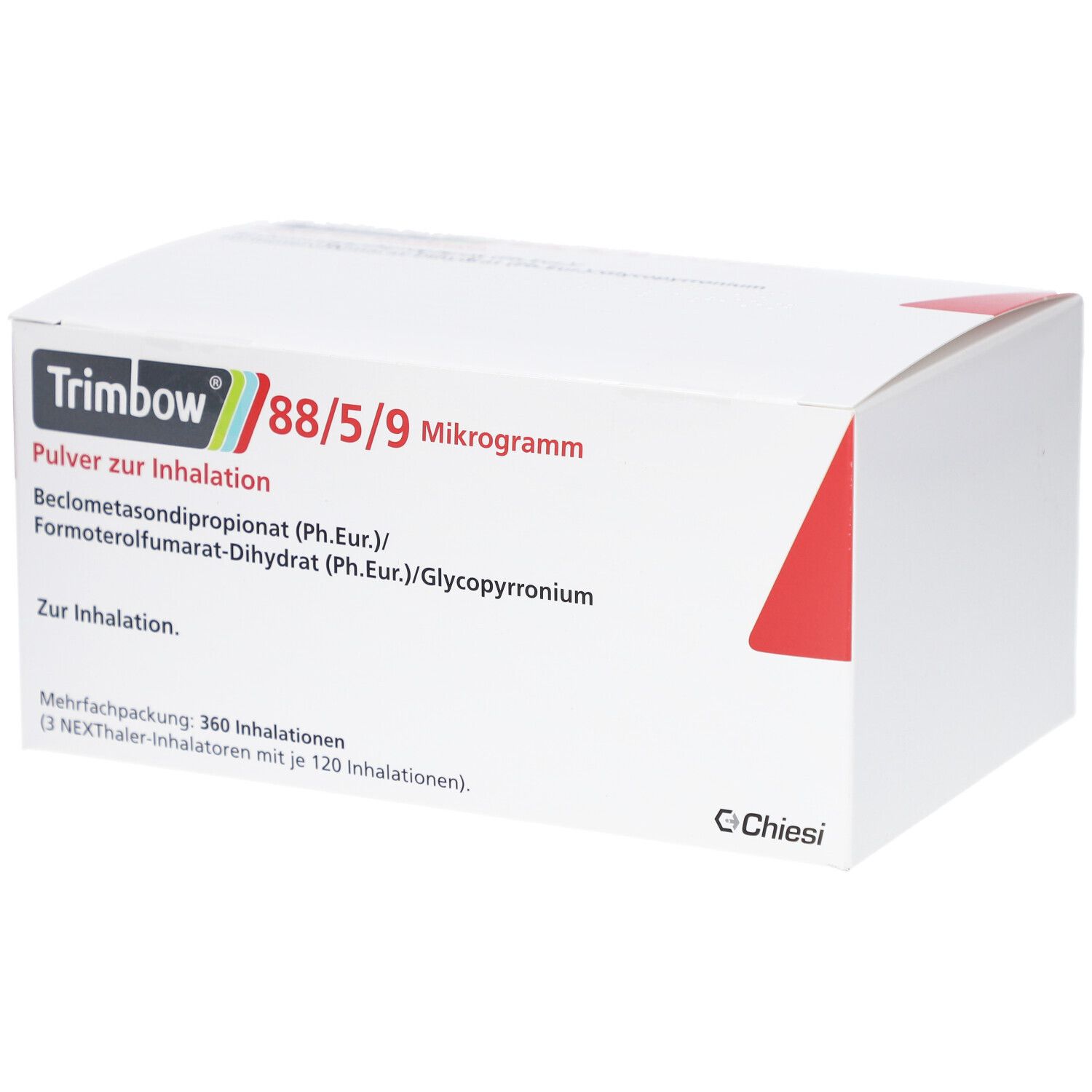 Weiße Verpackung mit rotem Akzent. Aufschrift: Trimbow 88/5/9 Mikrogramm, Pulver zur Inhalation. Enthält 360 Inhalationen.