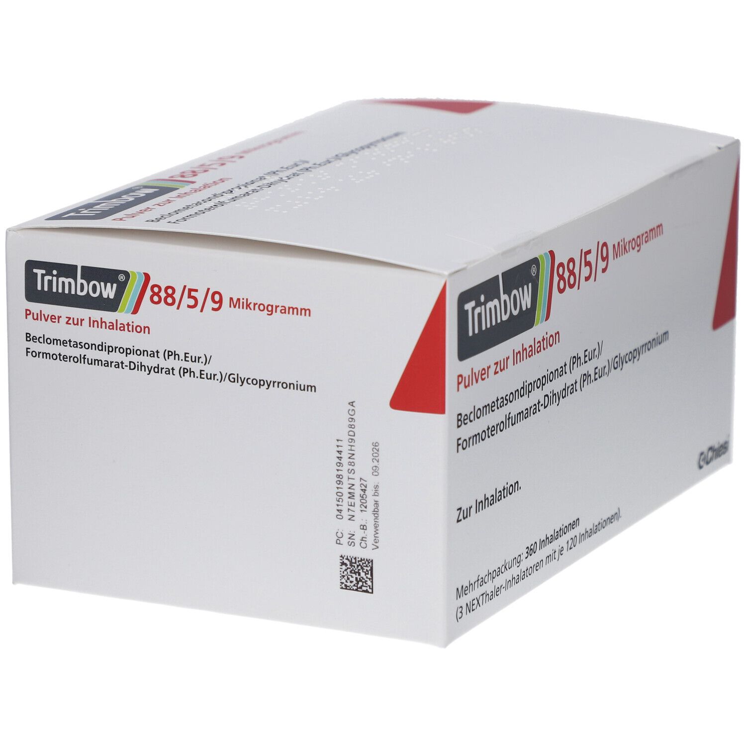 Weiße Verpackung mit rotem Akzent. Aufschrift: Trimbow 88/5/9 Mikrogramm, Pulver zur Inhalation. QR-Code und Chargennummer.