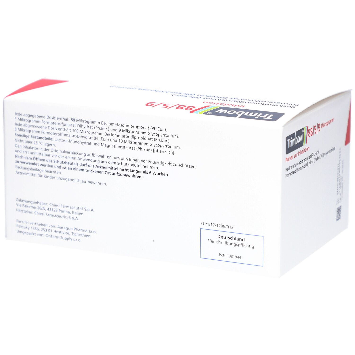 Weiße Verpackung mit Text. Aufschrift: Trimbow 88/5/9 Mikrogramm. Enthält Informationen zu Inhaltsstoffen und Anwendung.