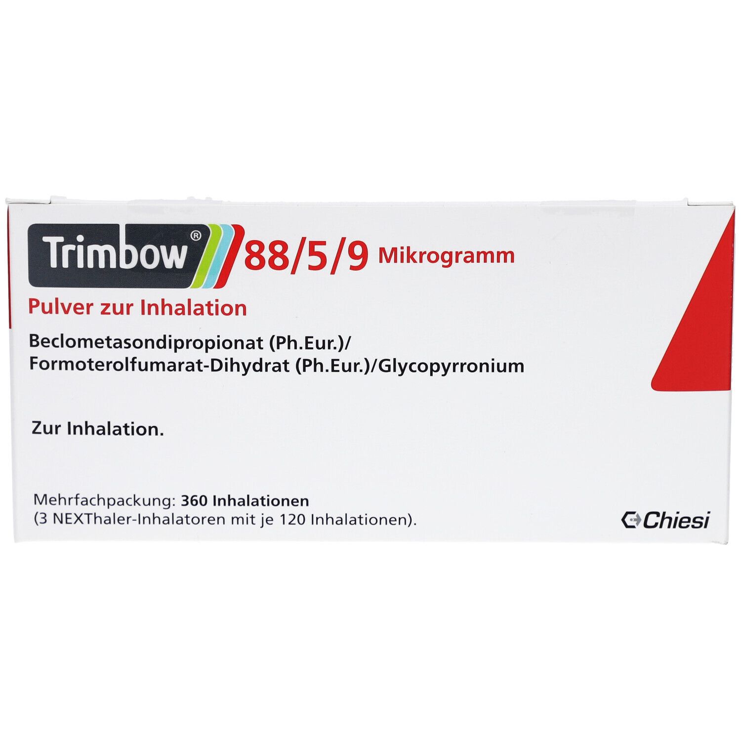 Weiße Verpackung mit rotem Akzent. Aufschrift: Trimbow 88/5/9 Mikrogramm, Pulver zur Inhalation. Enthält 360 Inhalationen.