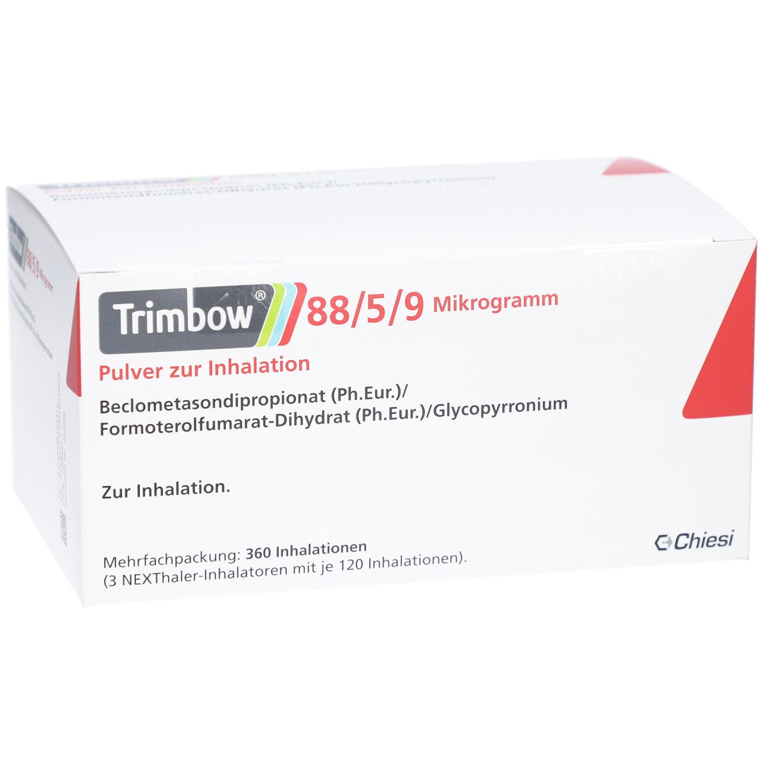 Weiße Verpackung mit rotem Akzent. Aufschrift: Trimbow 88/5/9 Mikrogramm, Pulver zur Inhalation. Enthält 360 Inhalationen.
