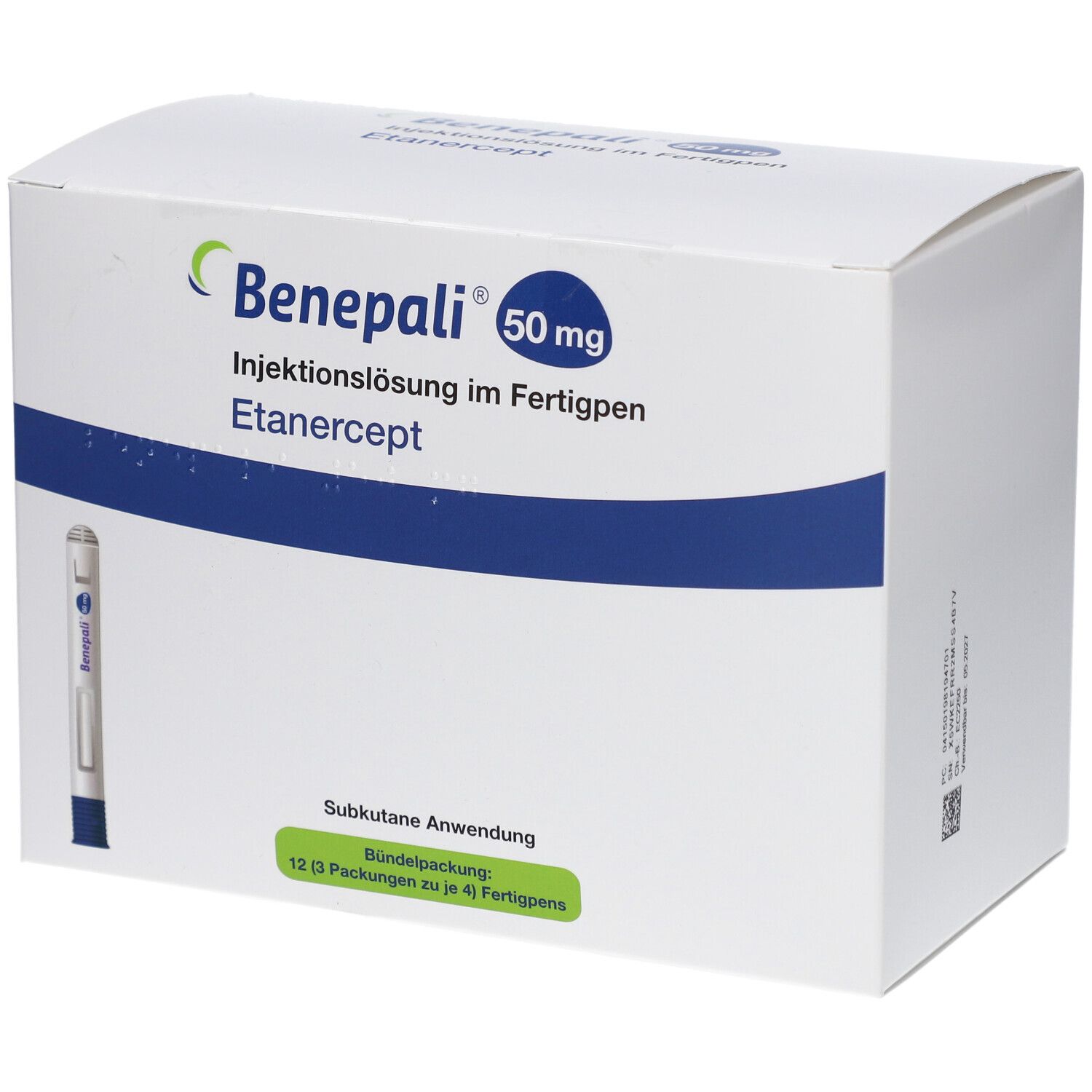 Weiße Verpackung von BENEPALI 50 mg Fertigpen. Aufschrift: Injektionslösung, Etanercept. Grüne und blaue Akzente. Fertigpen abgebildet.