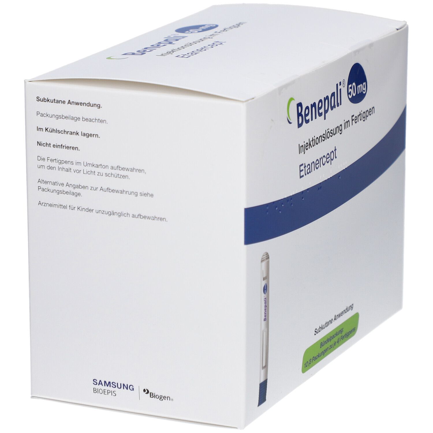 Weiße Verpackung mit Produktinformationen und einem Fertigpen. Aufschrift: Beneplai 50 mg, Injektionslösung.