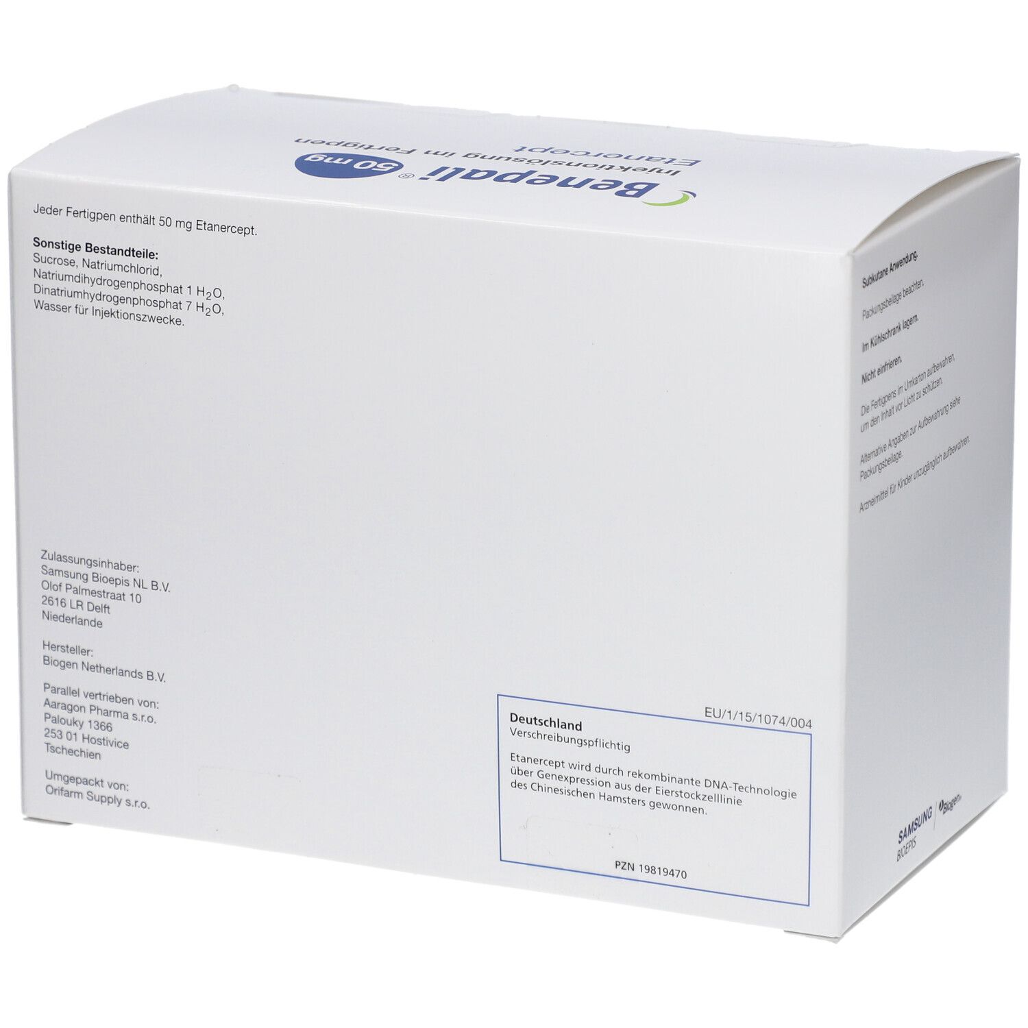 Weiße Verpackung von BENEPALI 50 mg Fertigpen. Rückseite mit Text. Enthält Informationen zu Inhaltsstoffen und Hersteller.