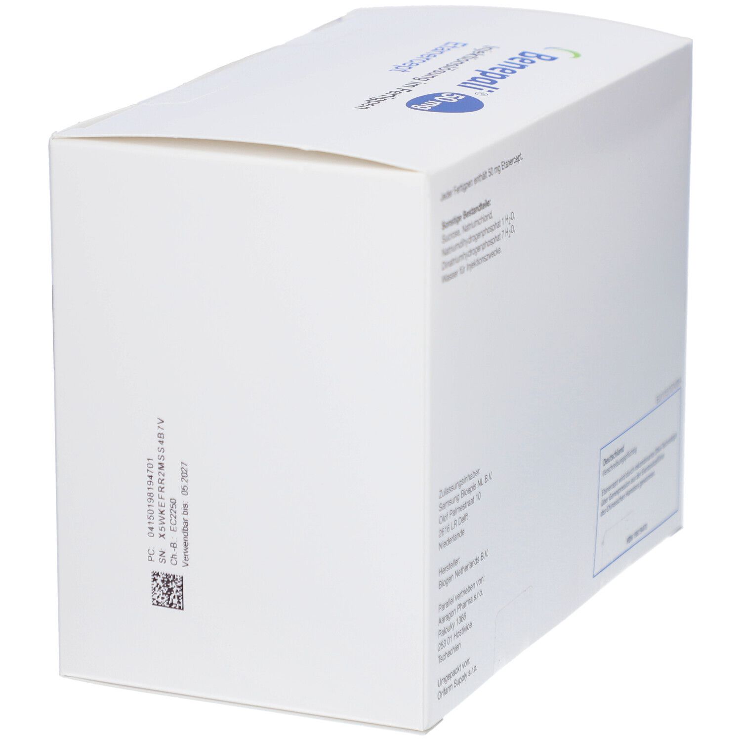 Weiße Verpackung mit Produktinformationen und Barcode. Rückseite mit Text und Logos.