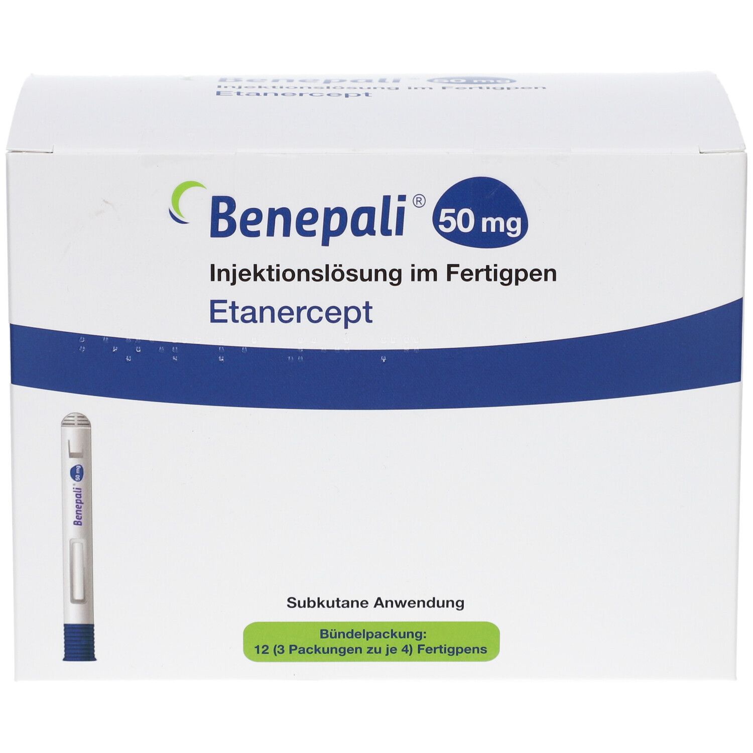 Weiße Verpackung mit blauer Banderole. Aufschrift: Beneplai 50 mg, Injektionslösung im Fertigpen. Ein Fertigpen abgebildet.