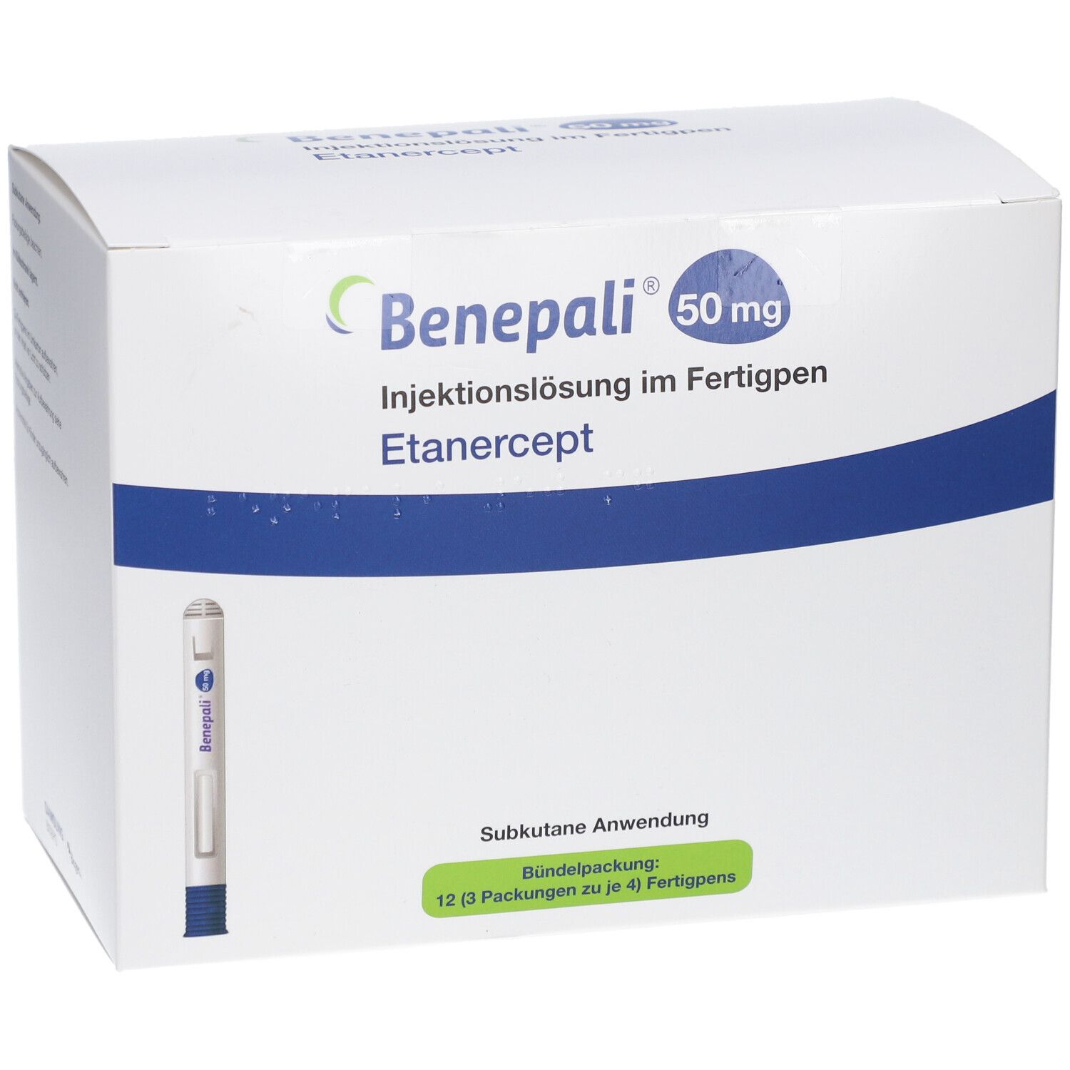 Weiße Verpackung mit blauer Banderole. Aufschrift: Beneplai 50 mg, Injektionslösung im Fertigpen. Ein Fertigpen abgebildet.