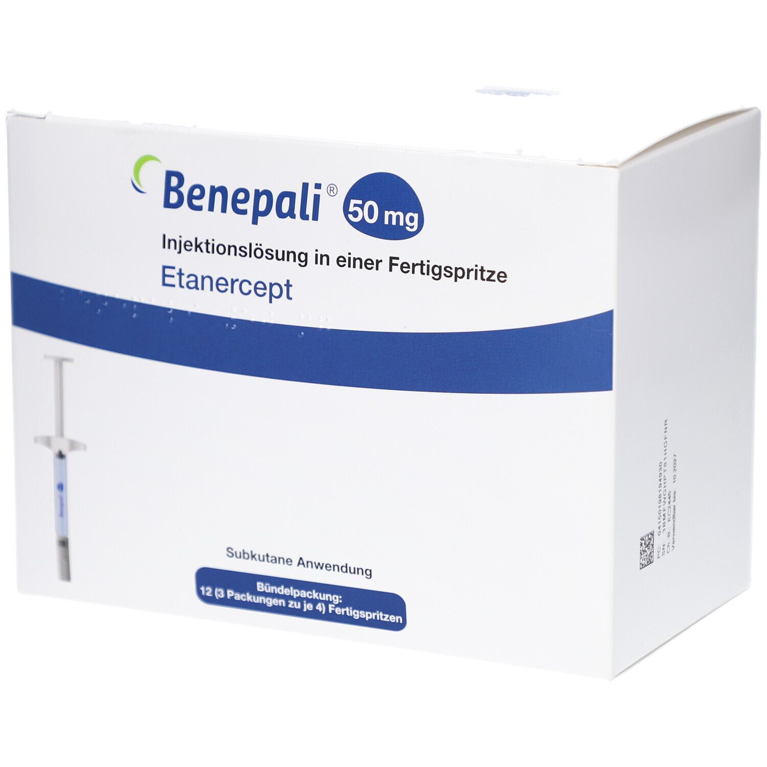 Weiße Verpackung mit BENEPALI-Logo und 50 mg-Angabe. Enthält Injektionslösung in Fertigspritze. Eine Spritze ist sichtbar.