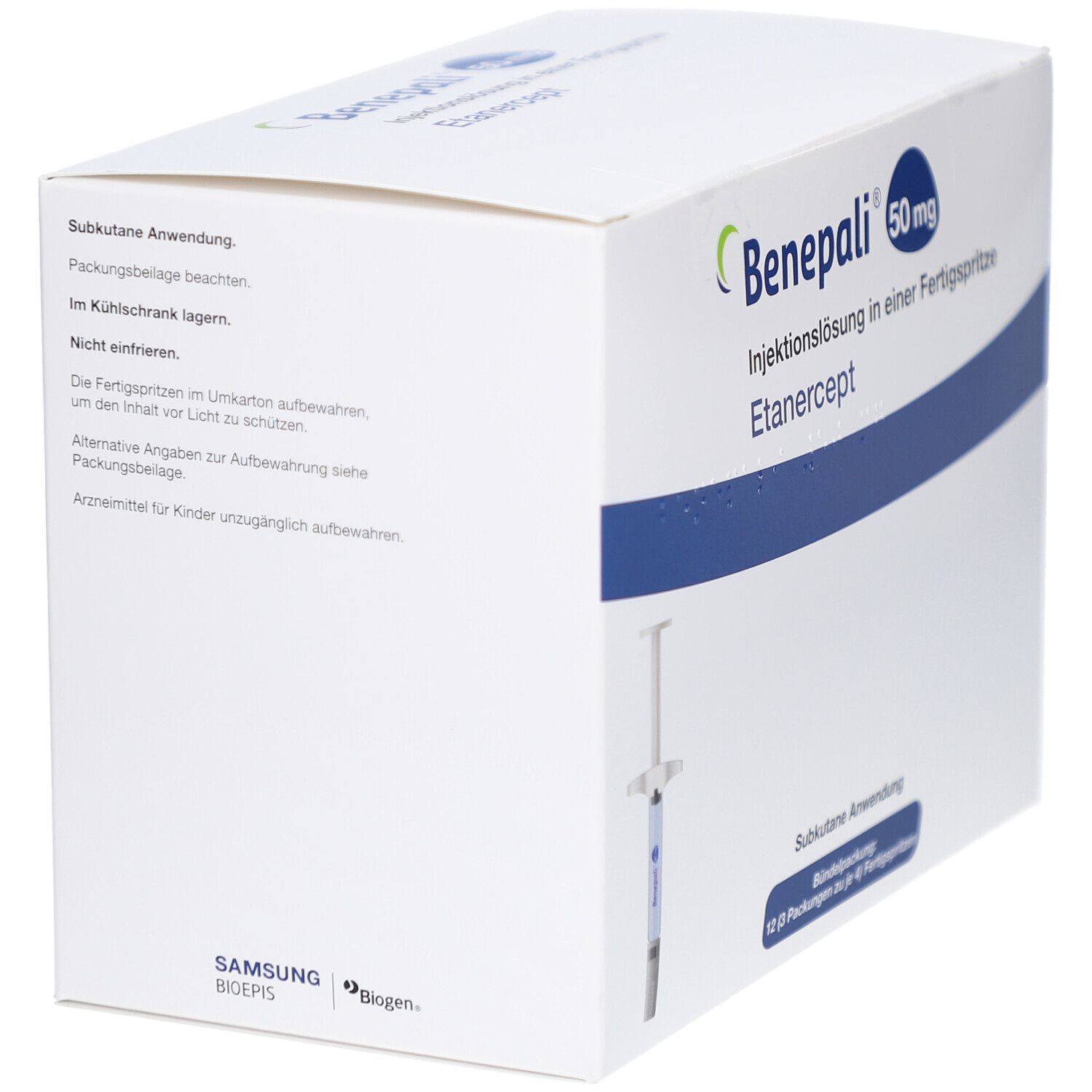 Weiße Verpackung mit BENEPALI-Logo und 50 mg-Angabe. Enthält Injektionslösung in Fertigspritze. Eine Spritze ist sichtbar.