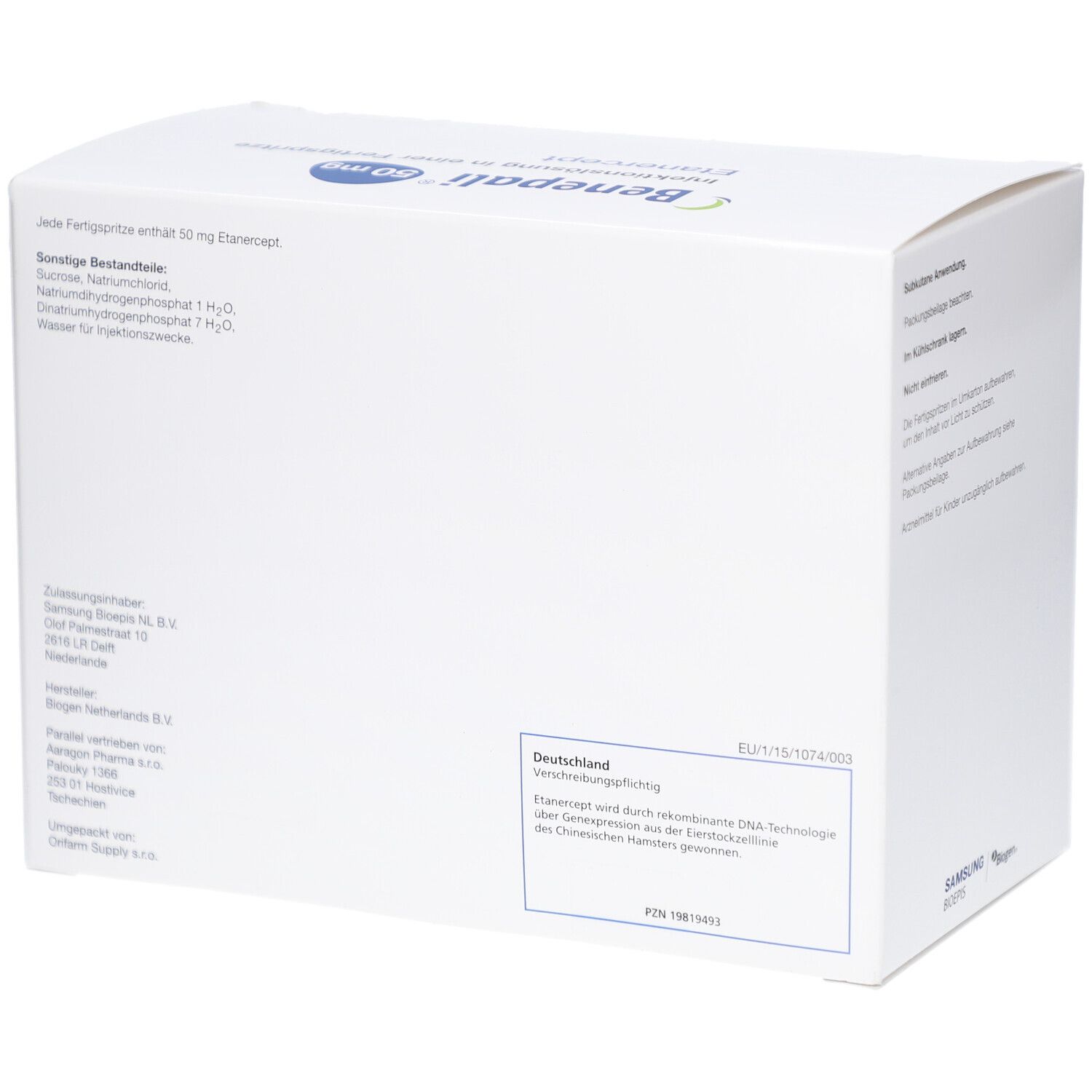 Weiße Verpackung mit Text. Enthält Angaben zu Inhaltsstoffen und Hersteller. Rückseite der Verpackung.