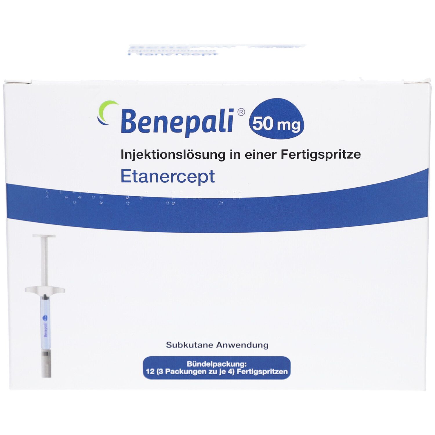 Weiße Verpackung mit BENEPALI-Logo und 50 mg-Angabe. Enthält Injektionslösung in Fertigspritze. Eine Spritze ist sichtbar.