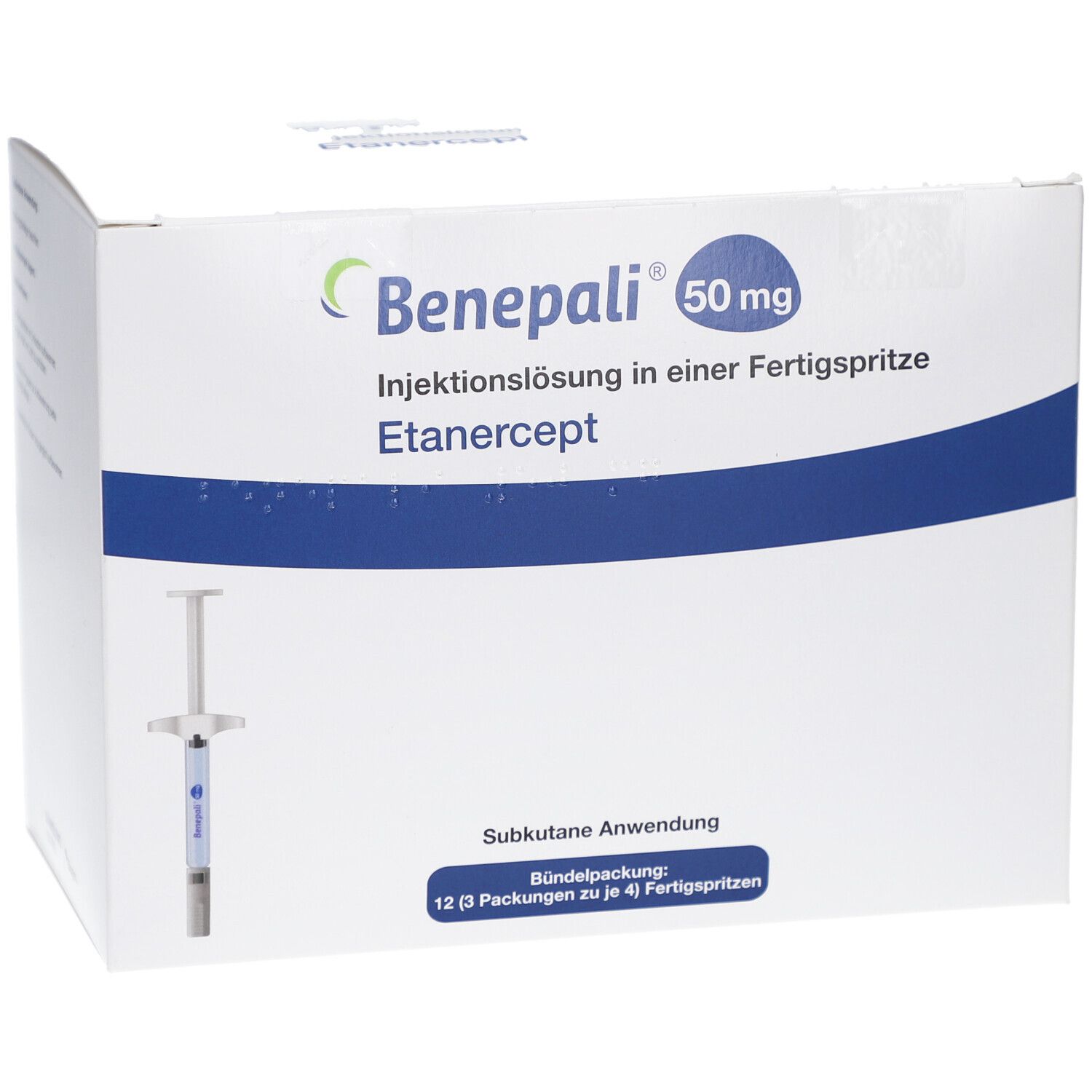 Weiße Verpackung mit BENEPALI-Logo und 50 mg-Angabe. Enthält Injektionslösung in Fertigspritze. Eine Spritze ist sichtbar.