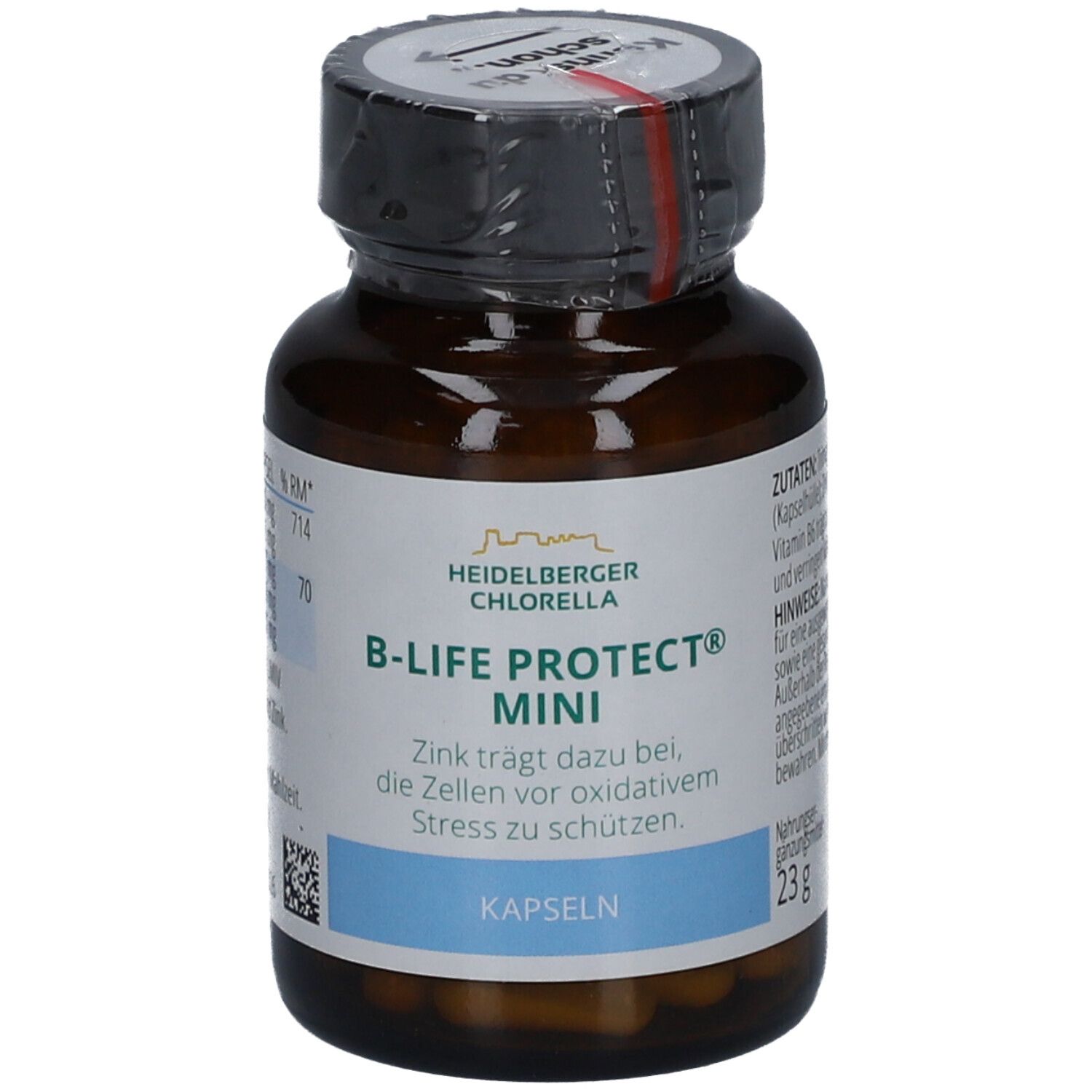 Braune Glasflasche mit schwarzen Deckel. Aufschrift: B-LIFE PROTECT mini Kapseln. Enthält Kapseln. 23g.