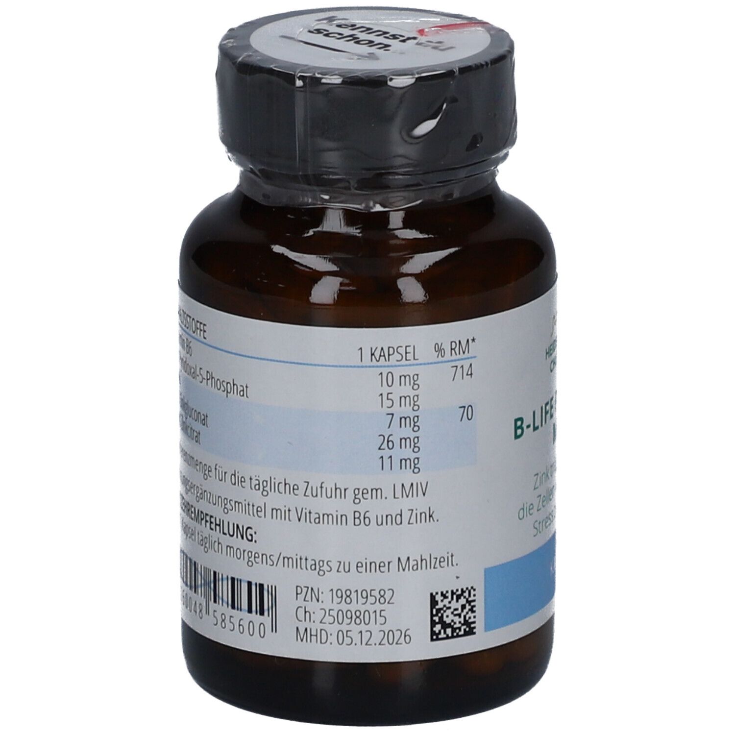 Rückseite der Flasche. Enthält Nährwertangaben und Verzehrempfehlung. MHD: 05.12.2026. PZN: 19819582.