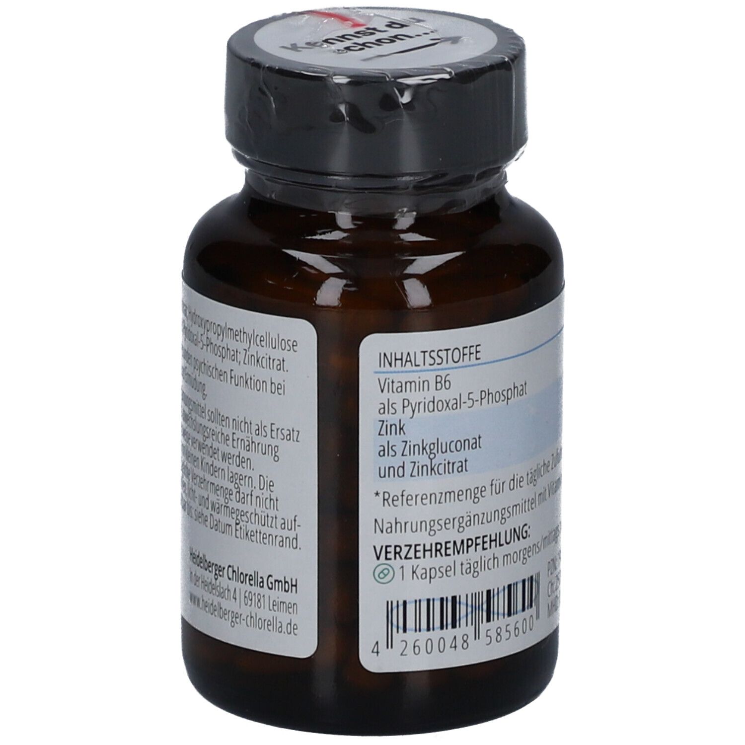 Rückseite der Flasche. Enthält Inhaltsstoffe und Verzehrempfehlung. Hersteller: Heidelberger Chlorella GmbH.