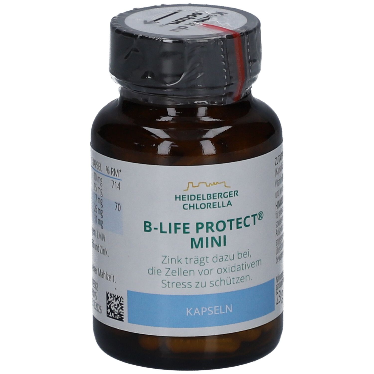 Braune Glasflasche mit schwarzen Deckel. Aufschrift: B-LIFE PROTECT mini Kapseln. Enthält Kapseln. 23g.