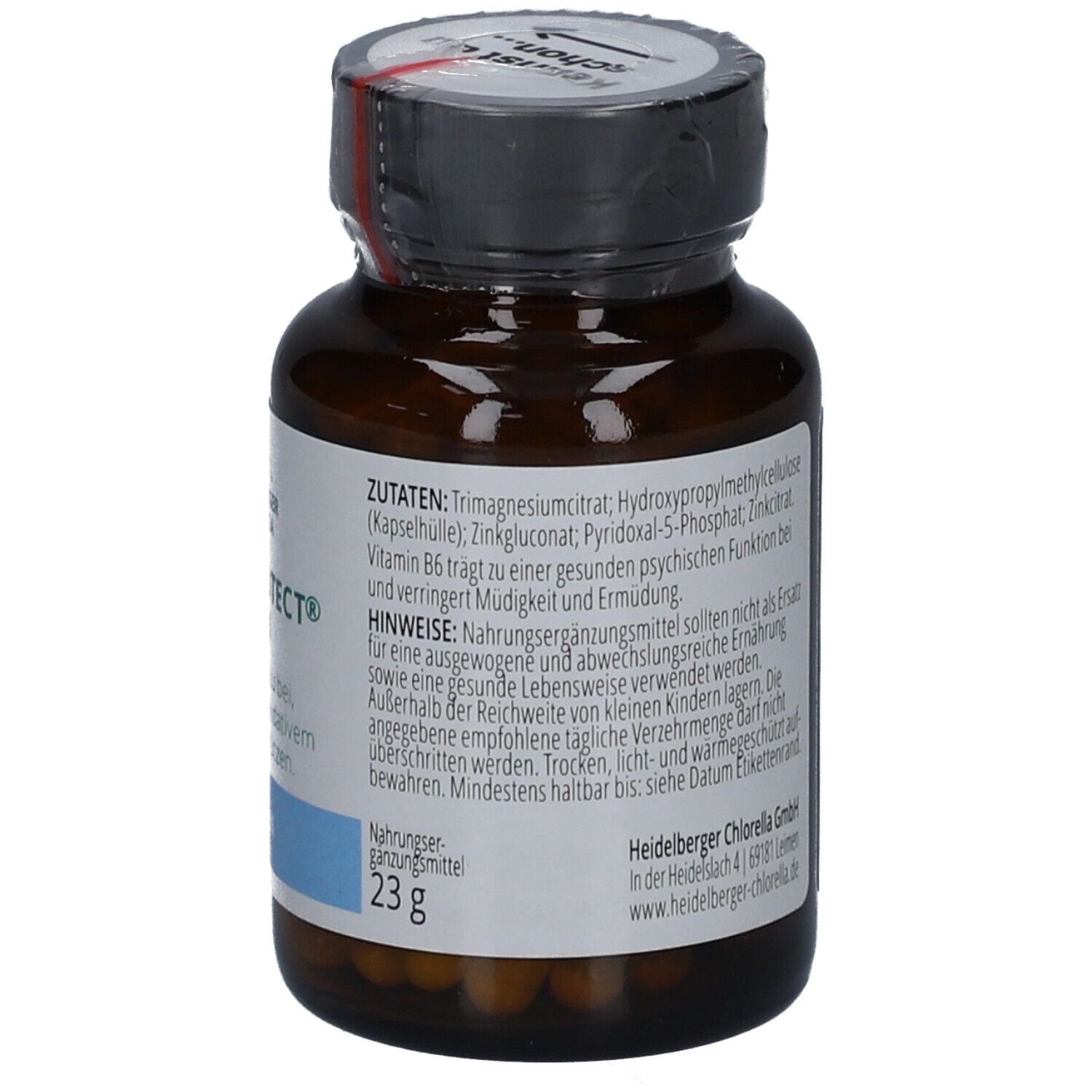 Rückseite der Flasche. Enthält Zutaten, Hinweise und Herstellerinformationen. 23g.