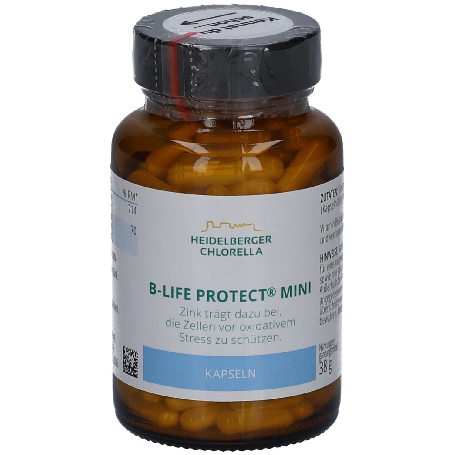 Braune Glasflasche mit Kapseln. Aufschrift: B-LIFE PROTECT MINI, Heidelberg Chlorella. Deckel mit Siegel.