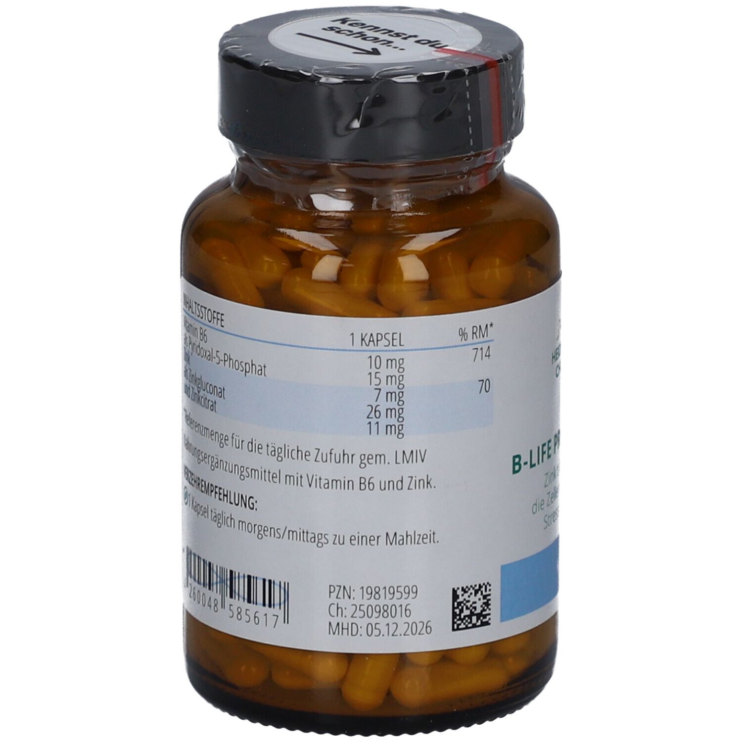 Rückseite der Flasche mit Inhaltsstoffangaben. Enthält Vitamin B6 und Zink. MHD: 05.12.2026. PZN: 19819599.