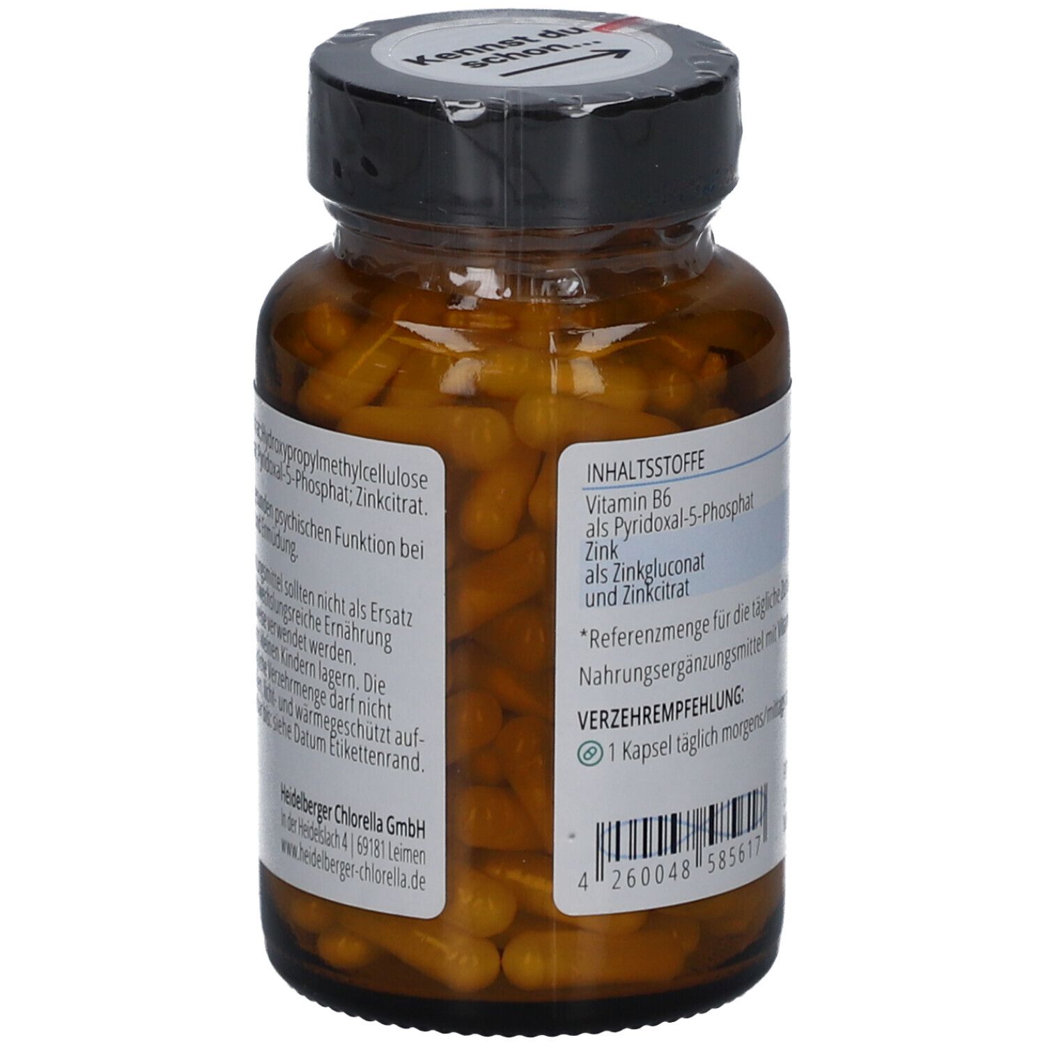 Rückseite der Flasche mit Inhaltsstoffen. Enthält Vitamin B6, Zink. Hersteller: Heidelberg Chlorella GmbH.