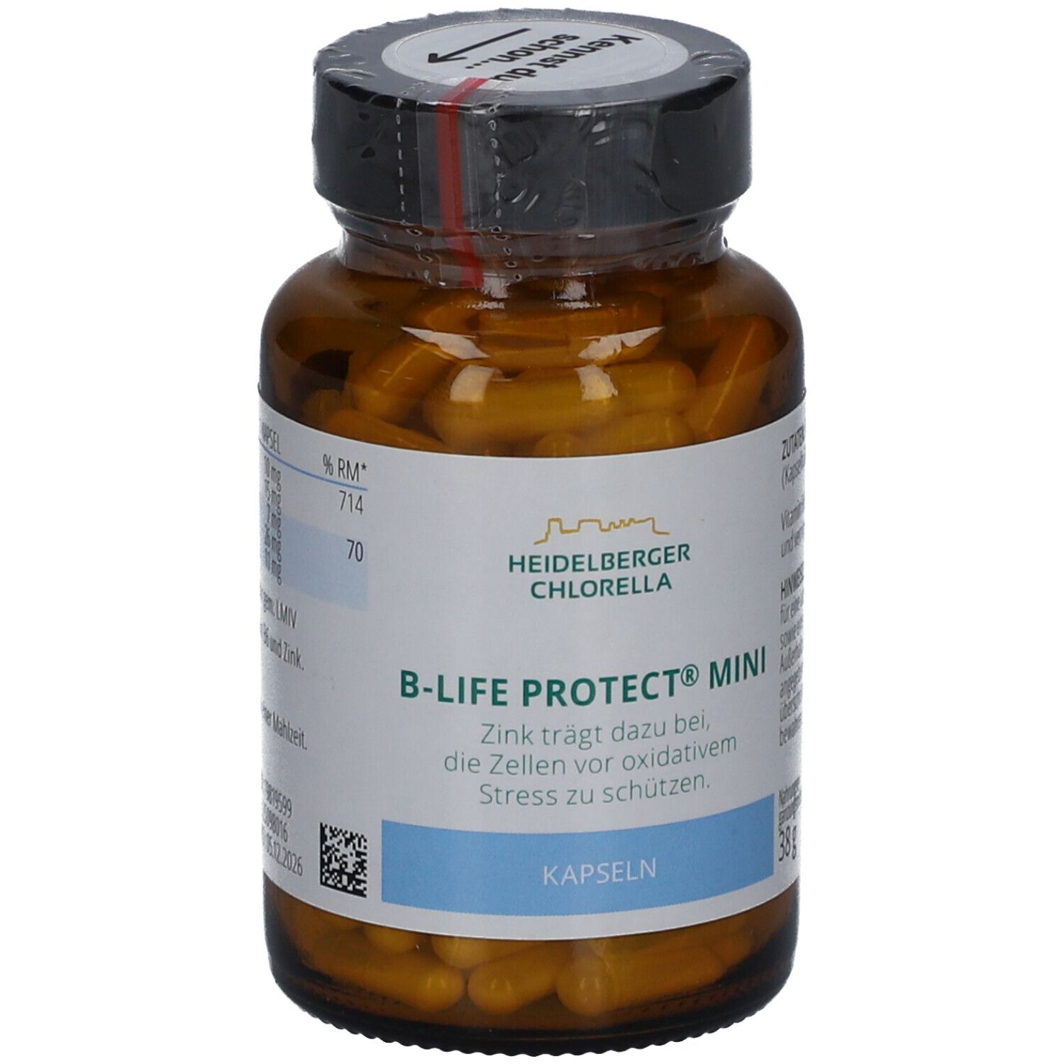 Braune Glasflasche mit Kapseln. Aufschrift: B-LIFE PROTECT MINI, Heidelberg Chlorella. Deckel mit Siegel.