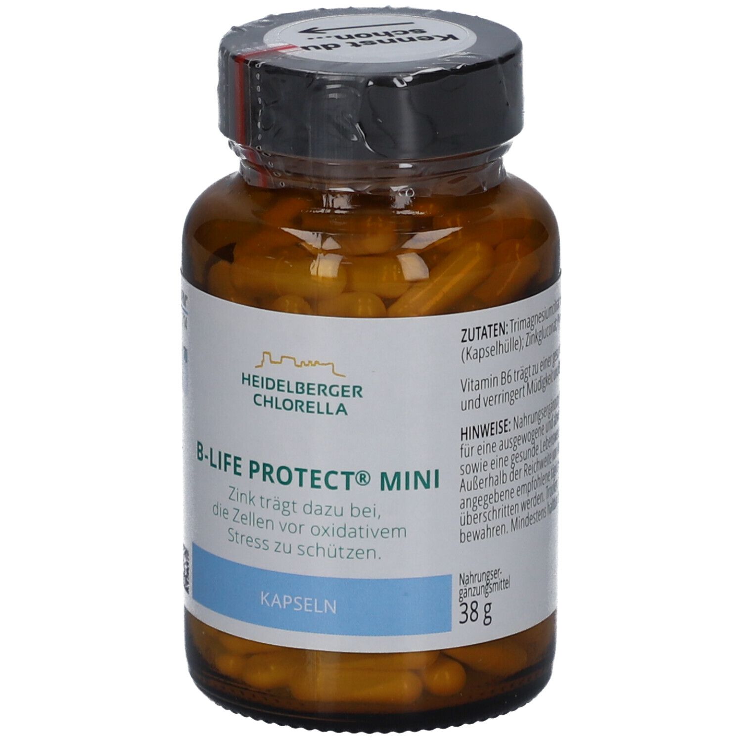 Braune Glasflasche mit Kapseln. Aufschrift: B-LIFE PROTECT MINI, Heidelberg Chlorella. 38g. Deckel mit Siegel.