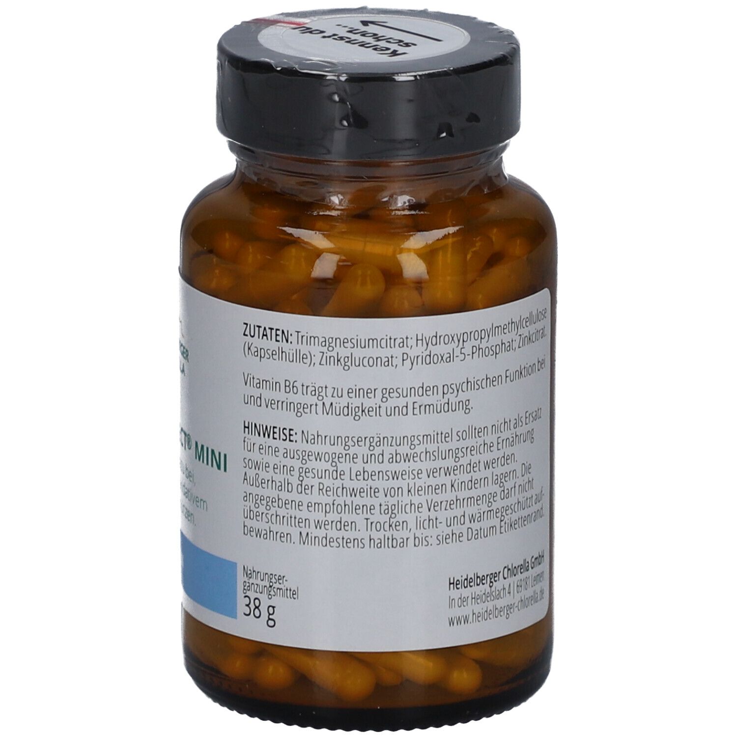 Rückseite der Flasche mit Inhaltsstoffen. Enthält Vitamin B6, Zink. 38g. Hersteller: Heidelberg Chlorella GmbH.
