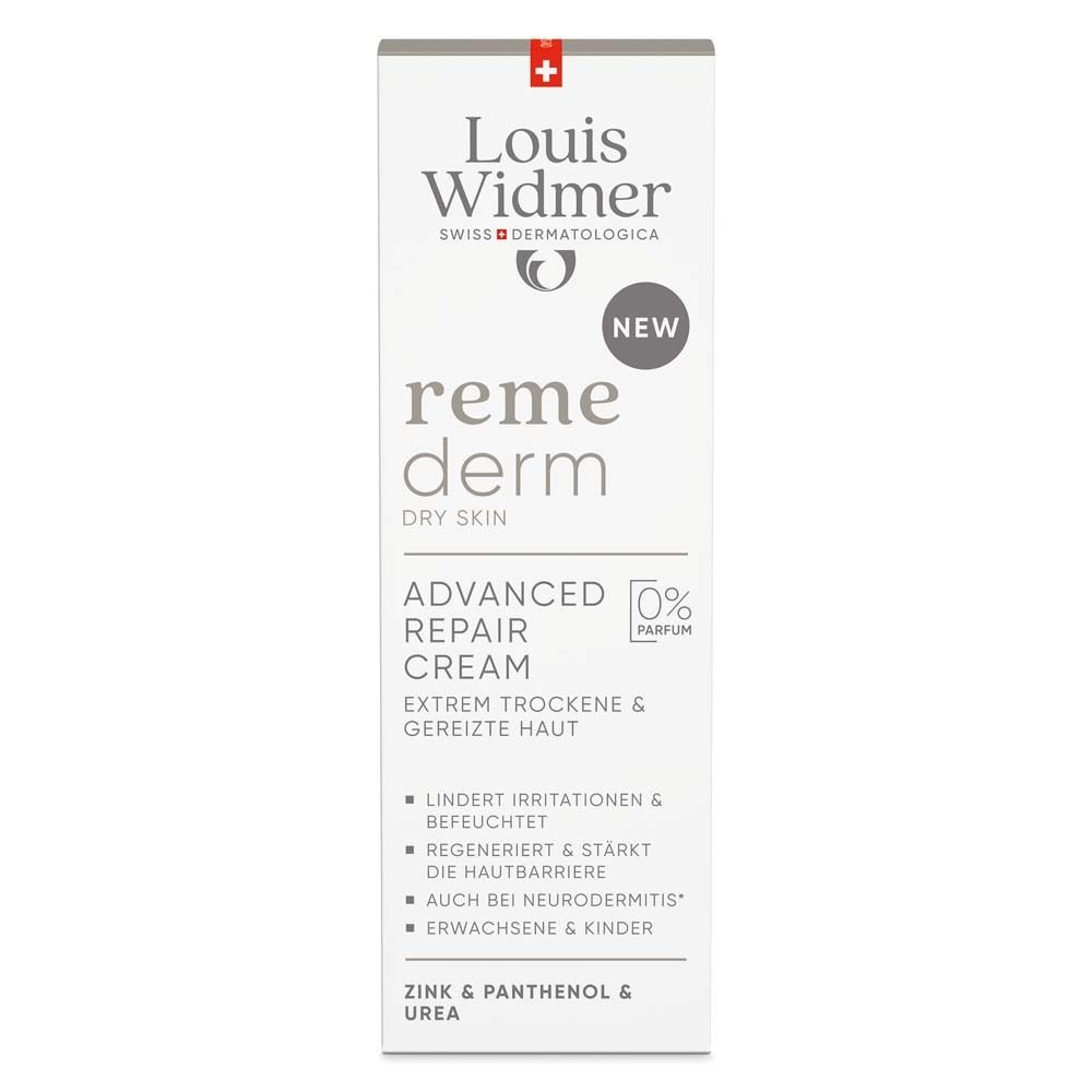 Weiße Faltschachtel mit Produktinformationen. Logo Louis Widmer, Produktname remederm, Advanced Repair Cream. Text: Extrem trockene & gereizte Haut.