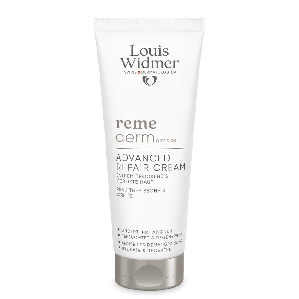 Weiße Tube mit silberfarbenem Verschluss. Logo Louis Widmer, Produktname remederm, Advanced Repair Cream. Text: Extrem trockene & gereizte Haut.