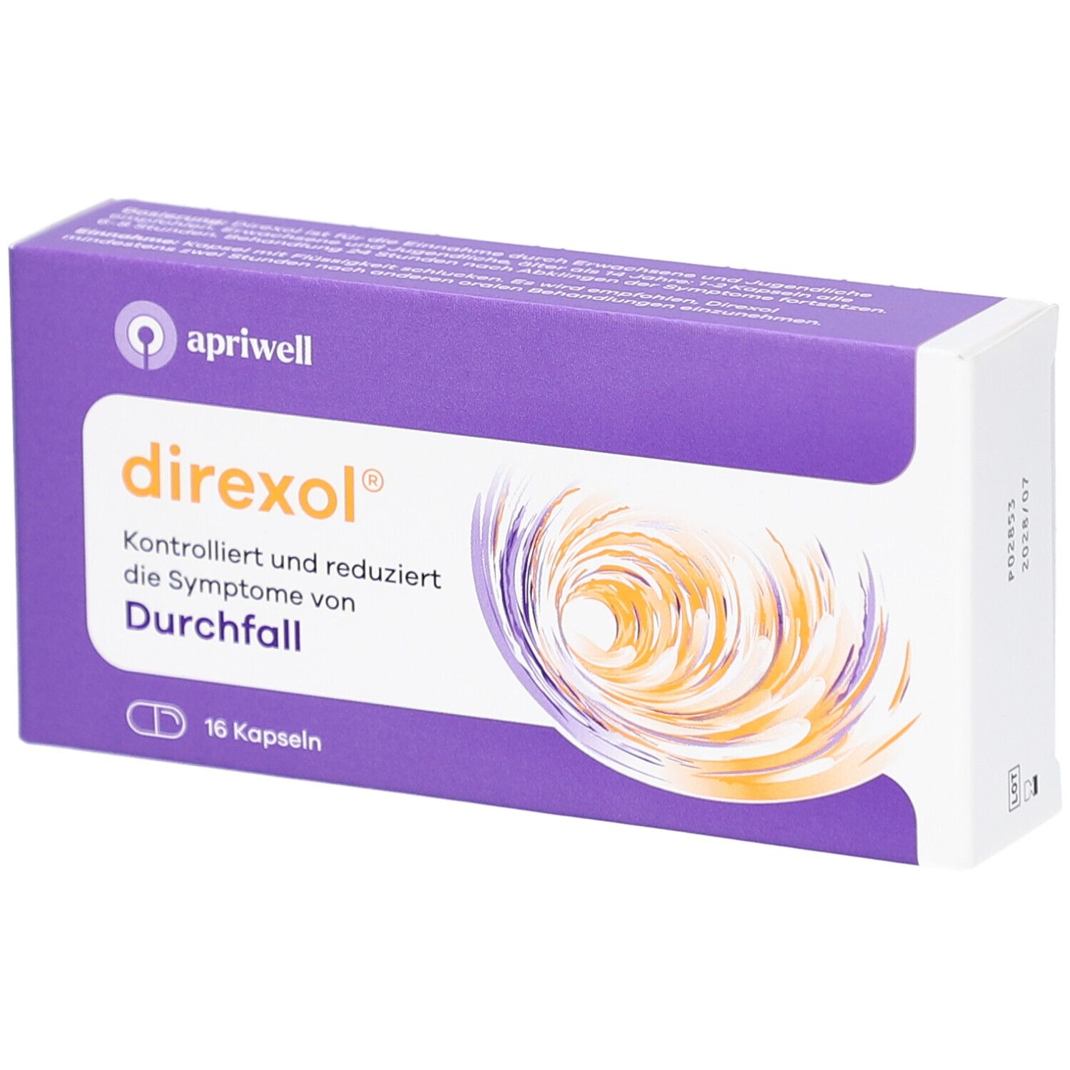 Direxol-Packung. Lila Schachtel mit Logo und Text. 16 Kapseln. Reduziert Symptome von Durchfall.