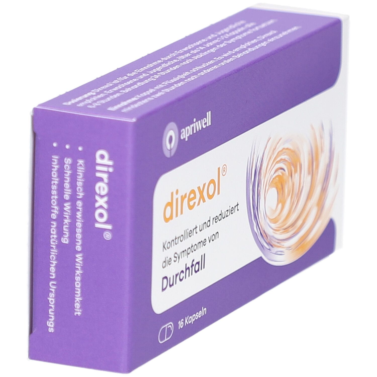 Direxol-Packung. Lila Schachtel mit Logo und Text. 16 Kapseln. Reduziert Symptome von Durchfall.