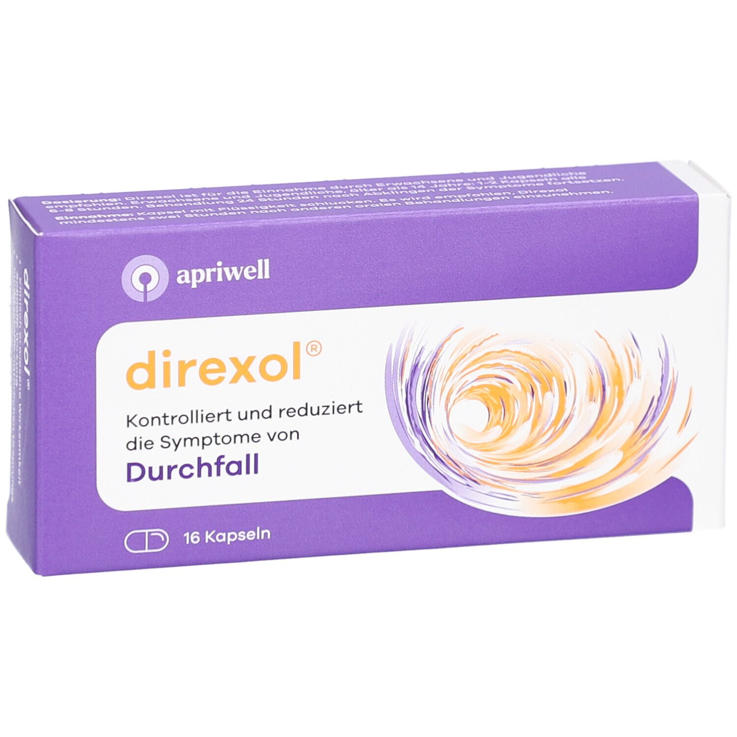 Direxol-Packung. Lila Schachtel mit Logo und Text. 16 Kapseln. Reduziert Symptome von Durchfall.