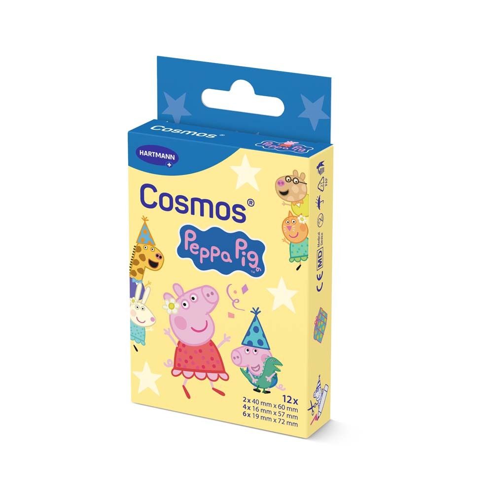Schachtel mit Pflastern. Aufdruck: Cosmos Peppa Pig. 12 Pflaster, verschiedene Größen. Sterne und Peppa Pig-Figuren.