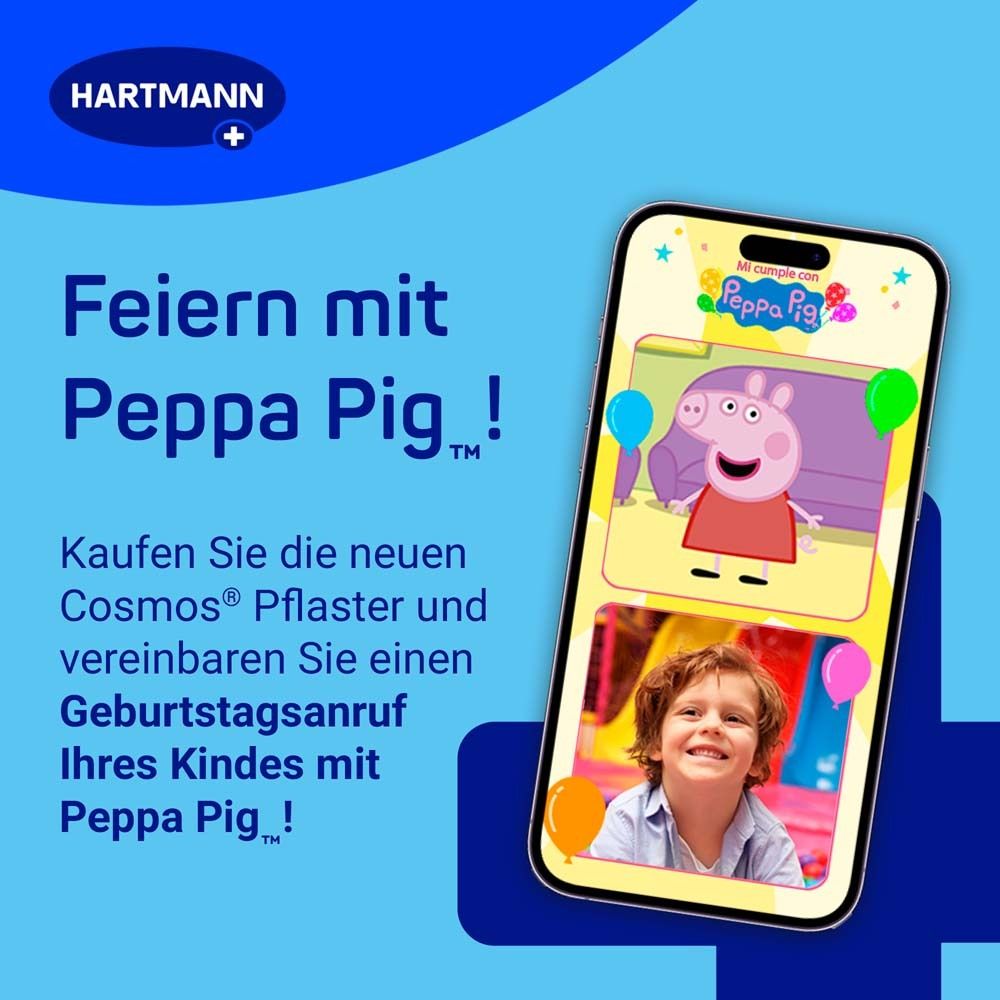 Smartphone mit Peppa Pig-Motiv. Text: Feiern mit Peppa Pig! Werbung für Cosmos Pflaster und Geburtstagsanruf.