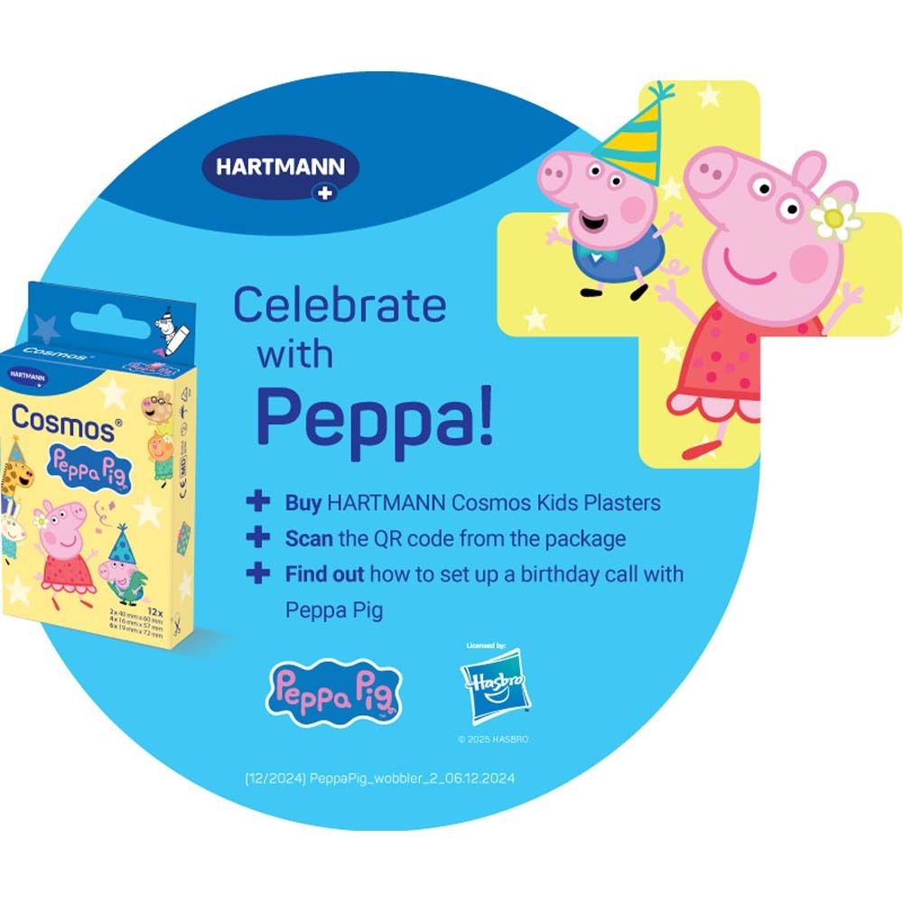 Kreisförmige Werbung. Cosmos Peppa Pig Pflaster. Text: Celebrate with Peppa! QR-Code und Peppa Pig-Figuren.